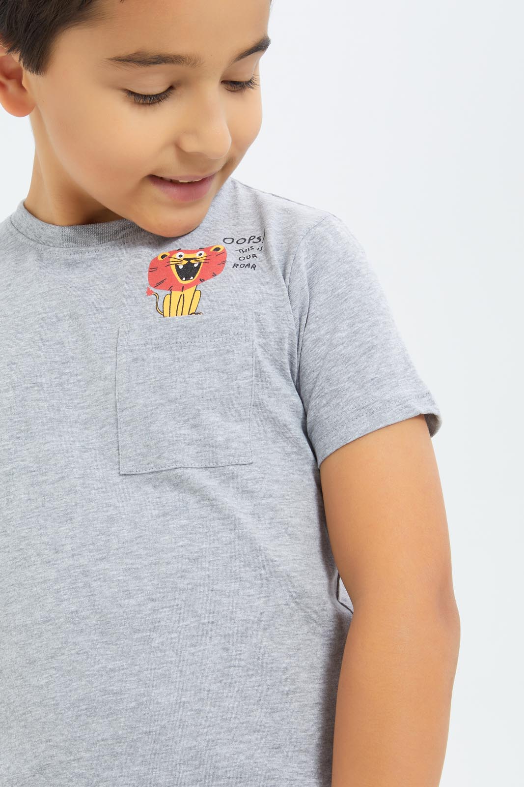 Redtag-Boys-Grey-Mel-Lion-Short-Sleeve-Print-Pocket-T-Shirt-BOY-T-Shirts,-Category:T-Shirts,-Colour:Grey,-Deals:New-In,-Dept:Boys,-Filter:Boys-(2-to-8-Yrs),-New-In-BOY-APL,-Non-Sale,-S23B,-Section:Boys-(0-to-14Yrs),-TBL-Boys-2 to 8 Years