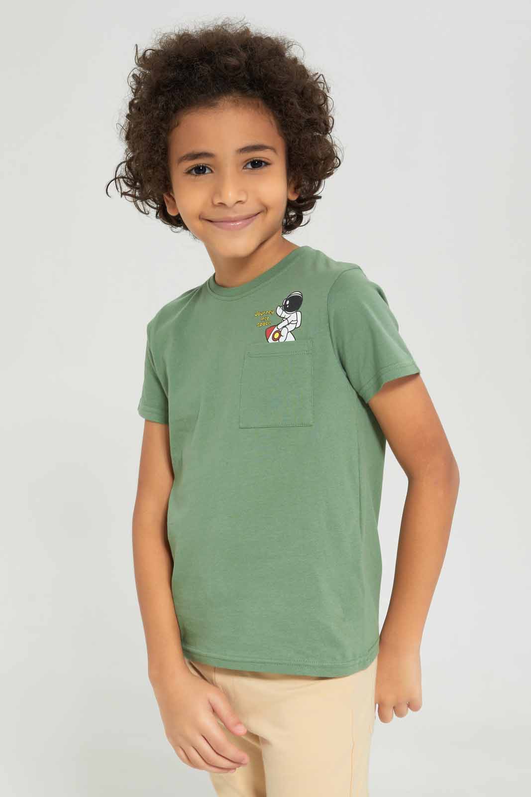 Redtag-Boys-Green-Space-Short-Sleeve-Print-Pocket-T-Shirt-BOY-T-Shirts,-Category:T-Shirts,-Colour:Green,-Deals:New-In,-Dept:Boys,-Filter:Boys-(2-to-8-Yrs),-New-In-BOY-APL,-Non-Sale,-S23B,-Section:Boys-(0-to-14Yrs),-TBL-Boys-2 to 8 Years