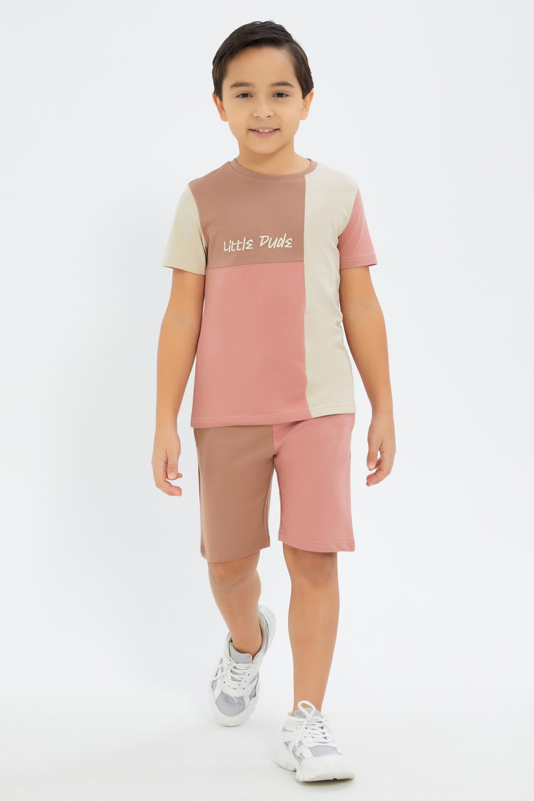 Redtag-Boys-Beige-Cut-N-Sew-T-Shirt-And-Shorts-Set-BOY-Sets,-Category:Sets,-Colour:Beige,-Deals:New-In,-Dept:Boys,-Filter:Boys-(2-to-8-Yrs),-New-In-BOY-APL,-Non-Sale,-S23C,-Section:Boys-(0-to-14Yrs)-Boys-2 to 8 Years