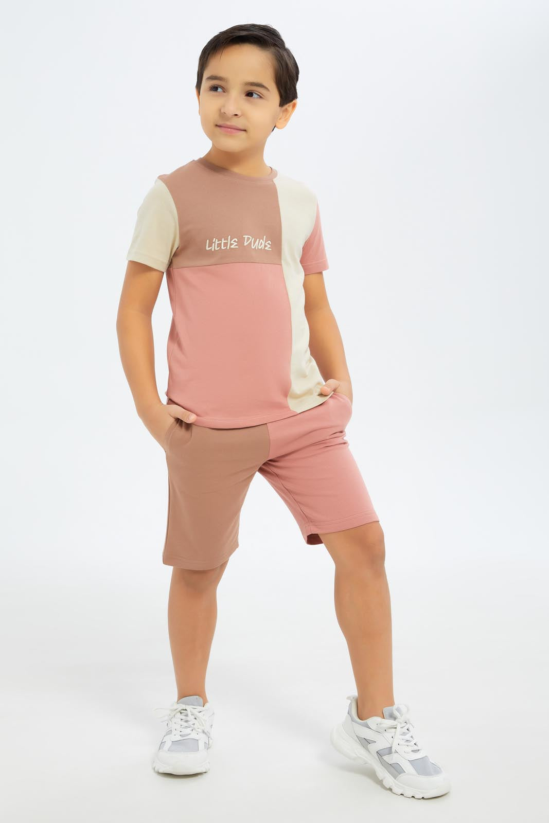 Redtag-Boys-Beige-Cut-N-Sew-T-Shirt-And-Shorts-Set-BOY-Sets,-Category:Sets,-Colour:Beige,-Deals:New-In,-Dept:Boys,-Filter:Boys-(2-to-8-Yrs),-New-In-BOY-APL,-Non-Sale,-S23C,-Section:Boys-(0-to-14Yrs)-Boys-2 to 8 Years
