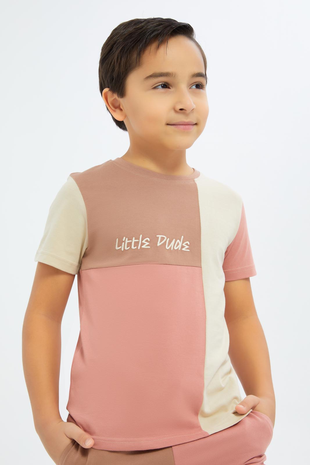 Redtag-Boys-Beige-Cut-N-Sew-T-Shirt-And-Shorts-Set-BOY-Sets,-Category:Sets,-Colour:Beige,-Deals:New-In,-Dept:Boys,-Filter:Boys-(2-to-8-Yrs),-New-In-BOY-APL,-Non-Sale,-S23C,-Section:Boys-(0-to-14Yrs)-Boys-2 to 8 Years