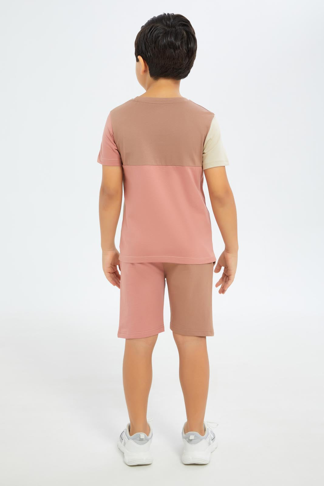 Redtag-Boys-Beige-Cut-N-Sew-T-Shirt-And-Shorts-Set-BOY-Sets,-Category:Sets,-Colour:Beige,-Deals:New-In,-Dept:Boys,-Filter:Boys-(2-to-8-Yrs),-New-In-BOY-APL,-Non-Sale,-S23C,-Section:Boys-(0-to-14Yrs)-Boys-2 to 8 Years