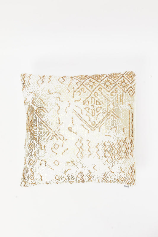 Redtag-Gold-Foil-Print-And-Bead-Work-Cushion-Category:Cushions,-Colour:Gold,-Deals:New-In,-Filter:Home-Bedroom,-HMW-BED-Cushions,-New-In-HMW-BED,-Non-Sale,-S23B,-Section:Homewares-Home-Bedroom-