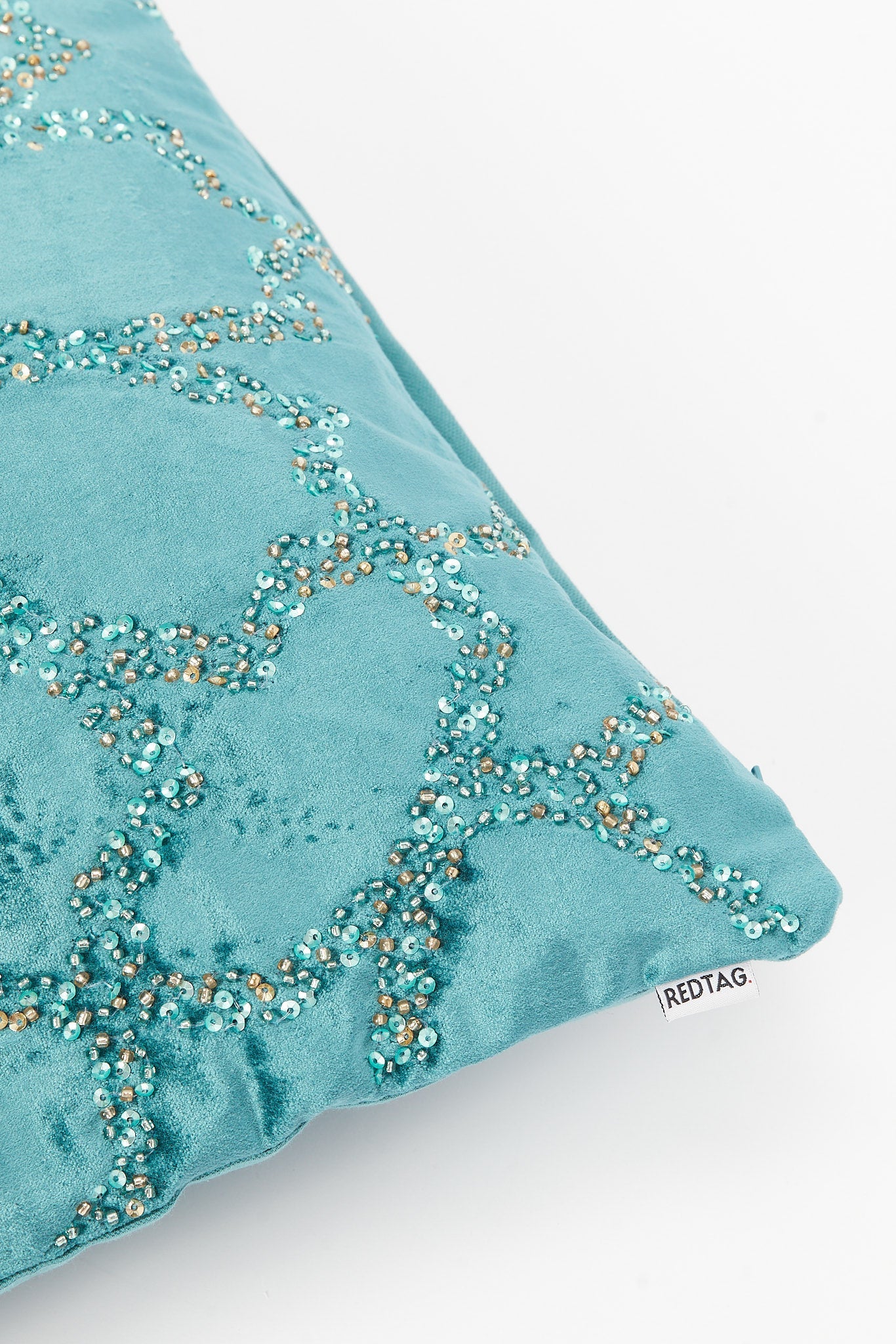 Redtag-Teal-Geometric-Beaded-Cushion-Category:Cushions,-Colour:Teal,-Deals:New-In,-Filter:Home-Bedroom,-HMW-BED-Cushions,-New-In-HMW-BED,-Non-Sale,-S23B,-Section:Homewares-Home-Bedroom-