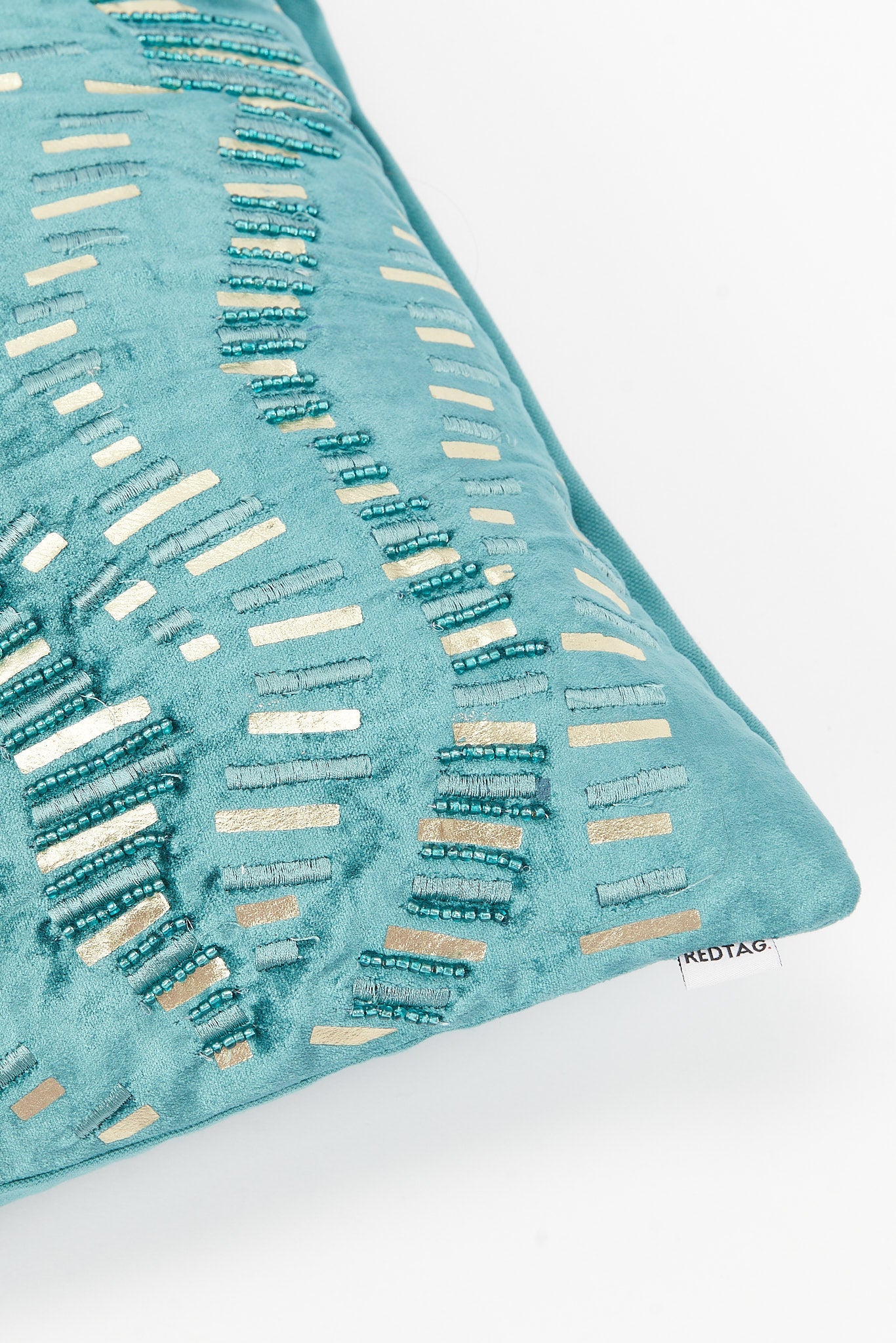Redtag-Teal-Beaded-Cushion-Category:Cushions,-Colour:Teal,-Deals:New-In,-Filter:Home-Bedroom,-HMW-BED-Cushions,-New-In-HMW-BED,-Non-Sale,-S23B,-Section:Homewares-Home-Bedroom-