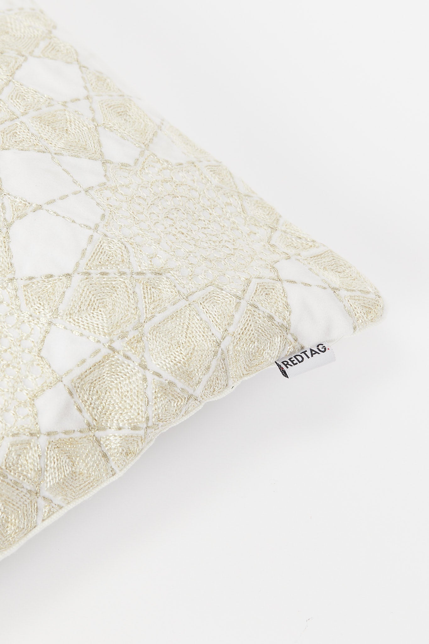Redtag-Ivory/Gold-Geometric-Beadwork-Cushion-Category:Cushions,-Colour:Ivory,-Deals:New-In,-Filter:Home-Bedroom,-H1:HMW,-H2:BED,-H3:BCC,-H4:CUS,-HMW-BED-Cushions,-New-In-HMW-BED,-Non-Sale,-S23B,-Season:S23B,-Section:Homewares-Home-Bedroom-