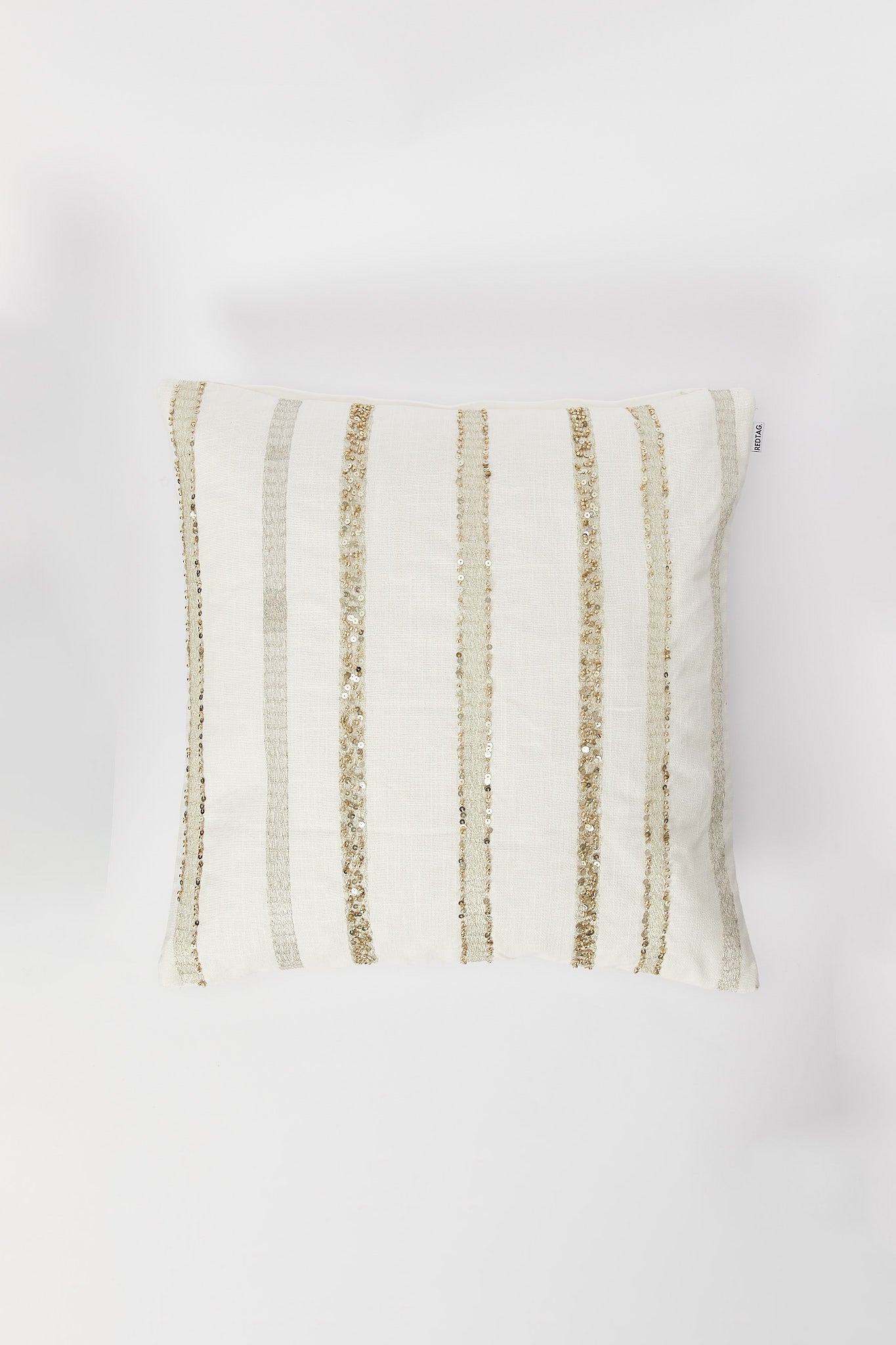 Redtag-Ivory-Stripe-Embroidery-With-Sequin-Cushion-Category:Cushions,-Colour:Ivory,-Deals:New-In,-Filter:Home-Bedroom,-H1:HMW,-H2:BED,-H3:BCC,-H4:CUS,-HMW-BED-Cushions,-New-In-HMW-BED,-Non-Sale,-S23B,-Season:S23B,-Section:Homewares-Home-Bedroom-