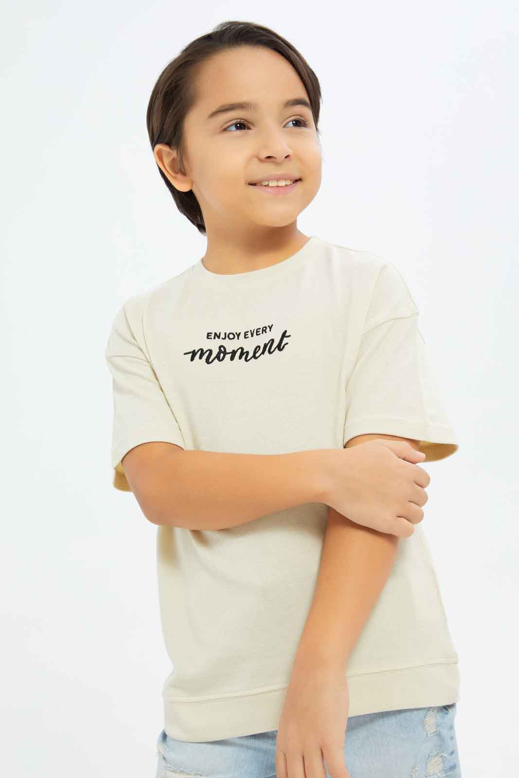 Redtag-Boys-Stone-Embroidered-Short-Sleeve-Oversize-T-Shirt-BOY-T-Shirts,-Category:T-Shirts,-Colour:Beige,-Deals:New-In,-Dept:Boys,-Filter:Boys-(2-to-8-Yrs),-New-In-BOY-APL,-Non-Sale,-S23B,-Section:Boys-(0-to-14Yrs),-TBL-Boys-2 to 8 Years