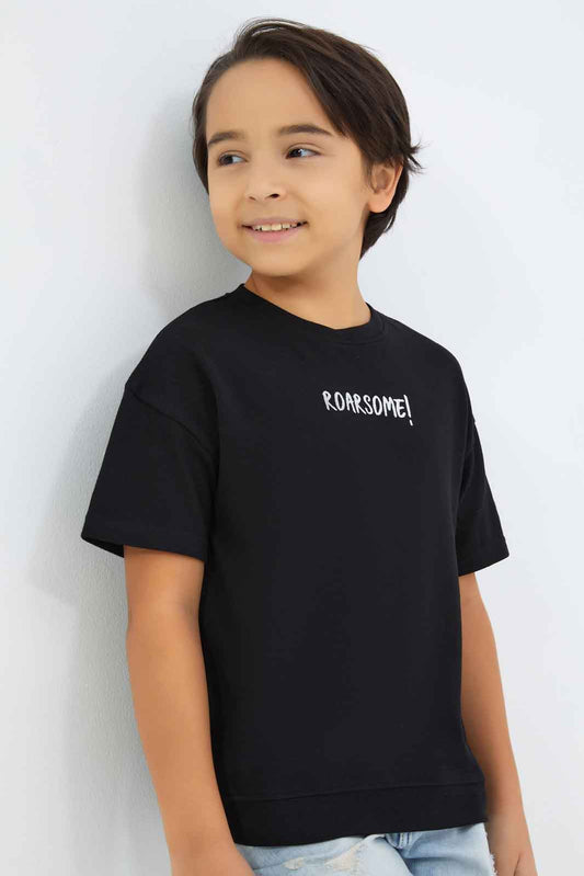 Redtag-Boys-Black-Embroidered-Short-Sleeve-Oversize-T-Shirt-BOY-T-Shirts,-Category:T-Shirts,-Colour:Black,-Deals:New-In,-Dept:Boys,-Filter:Boys-(2-to-8-Yrs),-New-In-BOY-APL,-Non-Sale,-S23B,-Section:Boys-(0-to-14Yrs),-TBL-Boys-2 to 8 Years