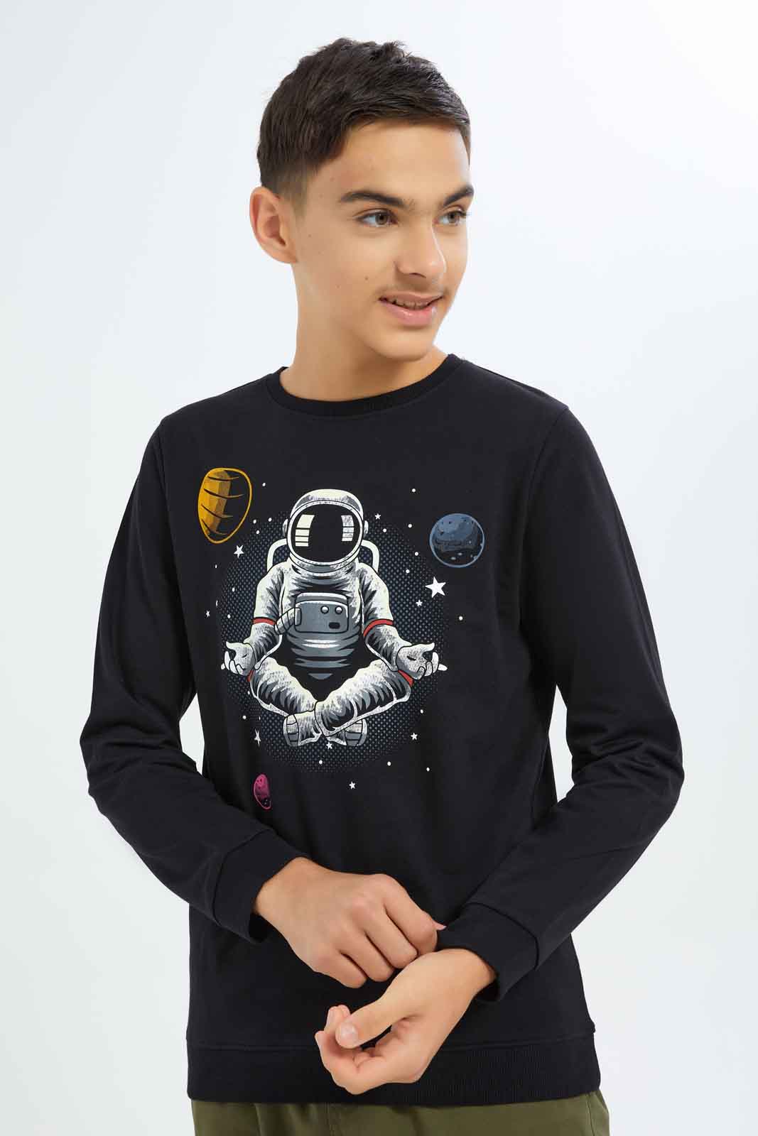 Redtag-Boys-Black-Astronaut-Graphic-Sweat-Tee-BSR-Sweatshirts,-Category:Sweatshirts,-Colour:Black,-Deals:New-In,-Dept:Boys,-Filter:Senior-Boys-(8-to-14-Yrs),-New-In-BSR-APL,-Non-Sale,-S23A,-Section:Boys-(0-to-14Yrs),-TBL-Senior-Boys-9 to 14 Years