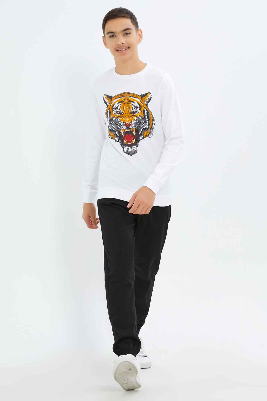 Redtag-Boys-White-Tiger-Face-Graphic-Sweat-Tee-BSR-Sweatshirts,-Category:Sweatshirts,-Colour:White,-Deals:New-In,-Dept:Boys,-Filter:Senior-Boys-(8-to-14-Yrs),-New-In-BSR-APL,-Non-Sale,-S23A,-Section:Boys-(0-to-14Yrs),-TBL-Senior-Boys-9 to 14 Years