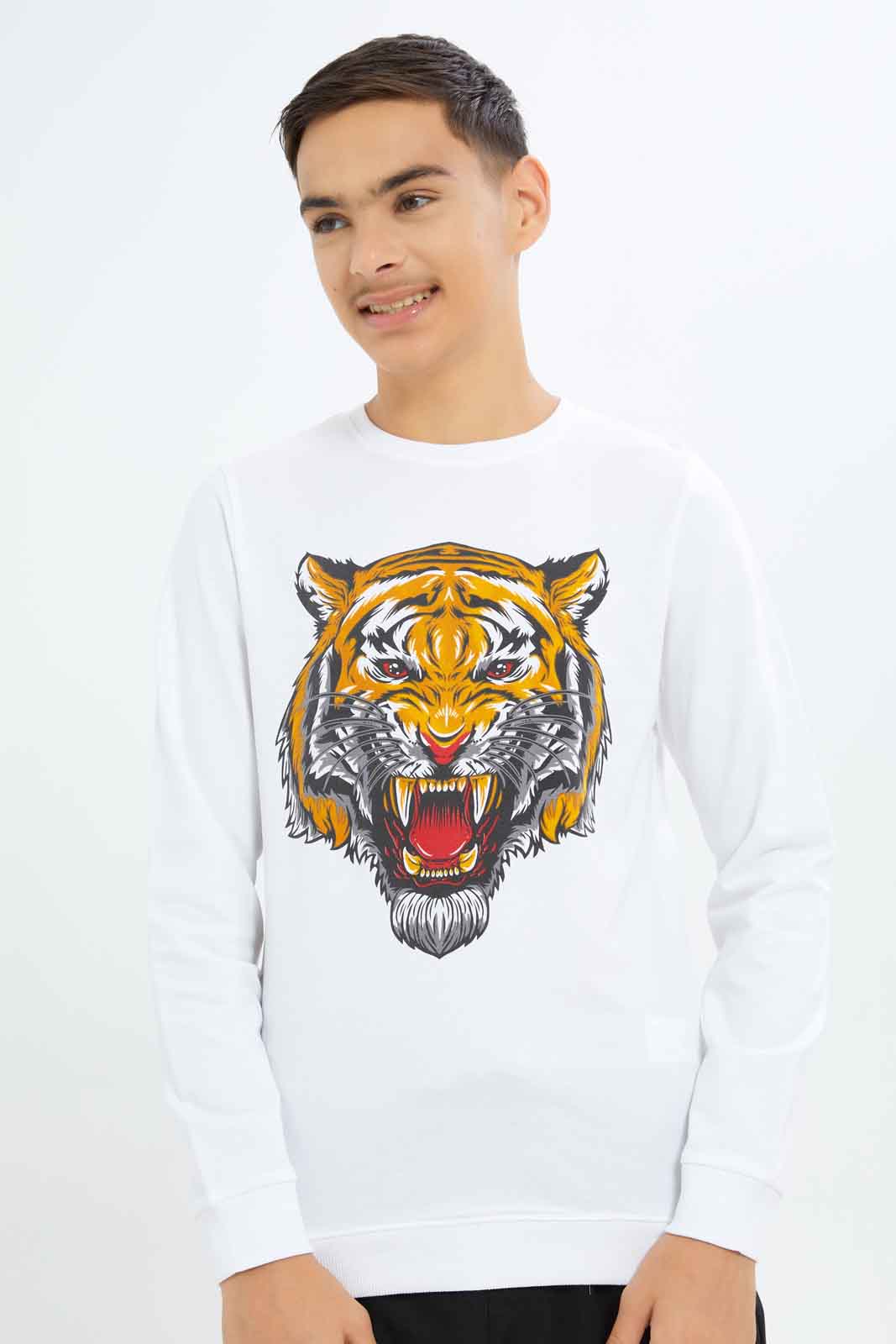 Redtag-Boys-White-Tiger-Face-Graphic-Sweat-Tee-BSR-Sweatshirts,-Category:Sweatshirts,-Colour:White,-Deals:New-In,-Dept:Boys,-Filter:Senior-Boys-(8-to-14-Yrs),-New-In-BSR-APL,-Non-Sale,-S23A,-Section:Boys-(0-to-14Yrs),-TBL-Senior-Boys-9 to 14 Years