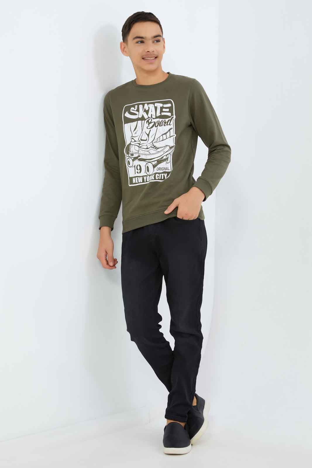 Redtag-Boys-Olive-Skate-Board-Graphic-Sweat-Tee-BSR-Sweatshirts,-Category:Sweatshirts,-Colour:Green,-Deals:New-In,-Dept:Boys,-Filter:Senior-Boys-(8-to-14-Yrs),-New-In-BSR-APL,-Non-Sale,-S23A,-Section:Boys-(0-to-14Yrs),-TBL-Senior-Boys-9 to 14 Years