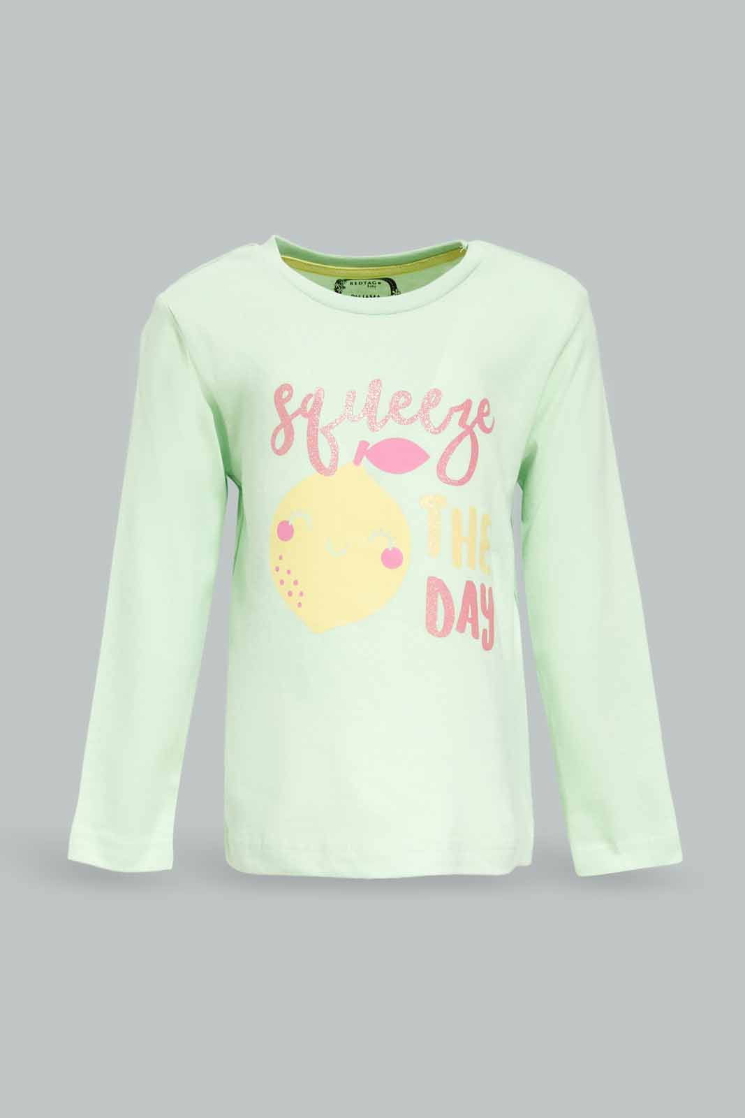 Redtag-Girls-Light-Green-Placement-Print-Top-With-Lime-Solid-Pyjama-Category:Pyjama-Sets,-Colour:Green,-Deals:New-In,-Dept:Girls,-Filter:Infant-Girls-(3-to-24-Mths),-ING-Pyjama-Sets,-New-In-ING-APL,-Non-Sale,-S23A,-Section:Girls-(0-to-14Yrs)-Infant-Girls-3 to 24 Months