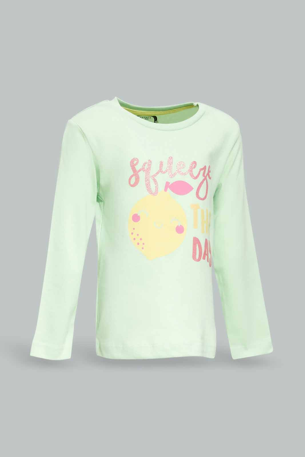 Redtag-Girls-Light-Green-Placement-Print-Top-With-Lime-Solid-Pyjama-Category:Pyjama-Sets,-Colour:Green,-Deals:New-In,-Dept:Girls,-Filter:Infant-Girls-(3-to-24-Mths),-ING-Pyjama-Sets,-New-In-ING-APL,-Non-Sale,-S23A,-Section:Girls-(0-to-14Yrs)-Infant-Girls-3 to 24 Months