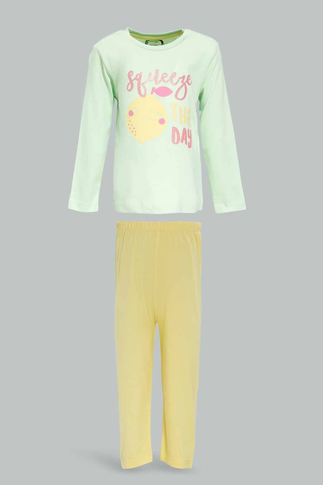 Redtag-Girls-Light-Green-Placement-Print-Top-With-Lime-Solid-Pyjama-Category:Pyjama-Sets,-Colour:Green,-Deals:New-In,-Dept:Girls,-Filter:Infant-Girls-(3-to-24-Mths),-ING-Pyjama-Sets,-New-In-ING-APL,-Non-Sale,-S23A,-Section:Girls-(0-to-14Yrs)-Infant-Girls-3 to 24 Months