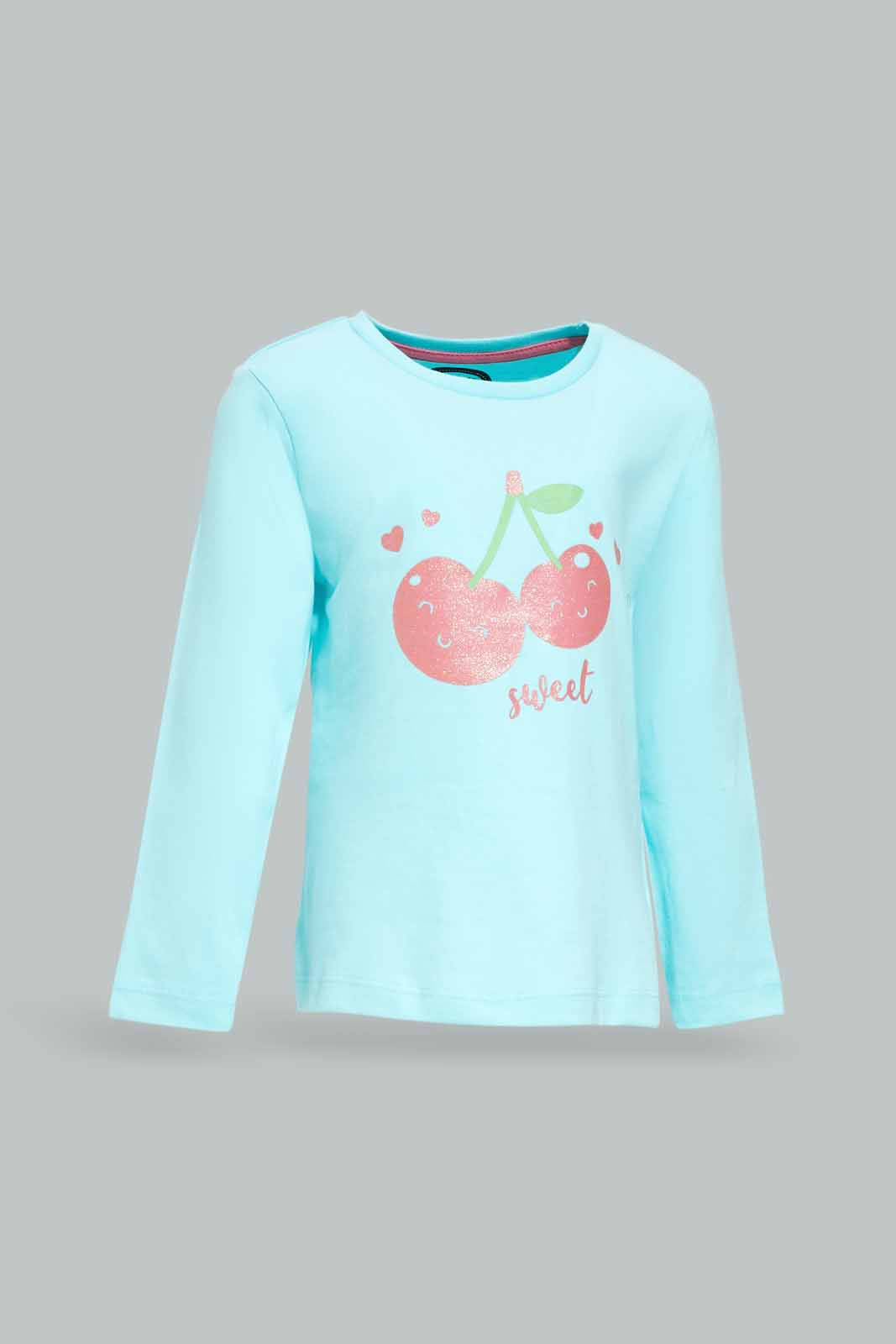 Redtag-Girls-Light-Blue-Placement-Print-Top-With-Pink-Solid-Pyjama-Category:Pyjama-Sets,-Colour:Sky-Blue,-Deals:New-In,-Dept:Girls,-Filter:Infant-Girls-(3-to-24-Mths),-ING-Pyjama-Sets,-New-In-ING-APL,-Non-Sale,-S23A,-Section:Girls-(0-to-14Yrs)-Infant-Girls-3 to 24 Months