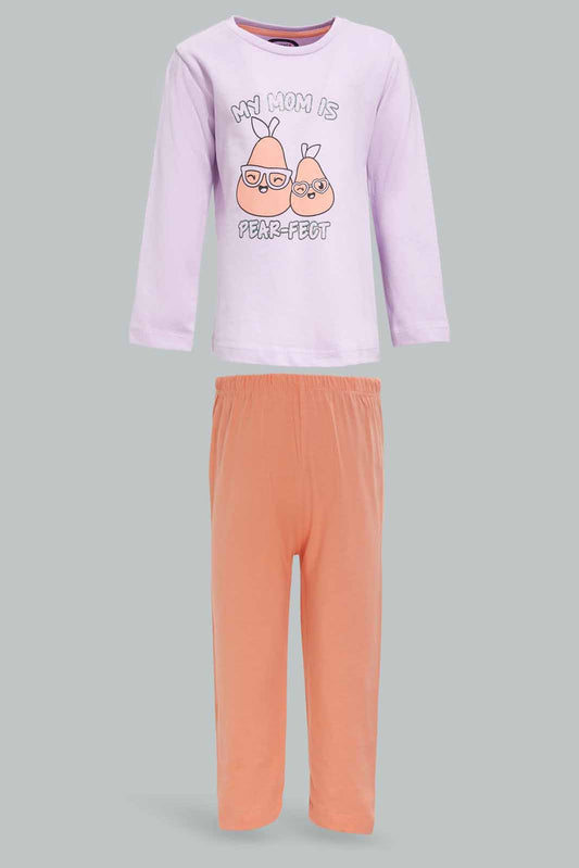 Redtag-Girls-Lilac-Placement-Print-Top-With-Peach-Solid-Pyjama-Category:Pyjama-Sets,-Colour:Lilac,-Deals:New-In,-Dept:Girls,-Filter:Infant-Girls-(3-to-24-Mths),-ING-Pyjama-Sets,-New-In-ING-APL,-Non-Sale,-S23A,-Section:Girls-(0-to-14Yrs)-Infant-Girls-3 to 24 Months