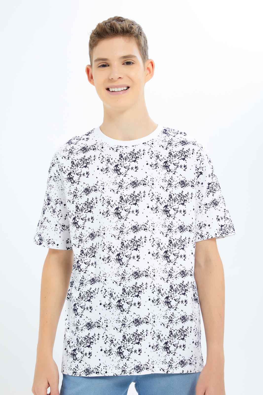 Redtag-Boys-White-Splatter-Print-Oversize-Tee-BSR-T-Shirts,-Category:T-Shirts,-Colour:White,-Deals:New-In,-Dept:Boys,-Filter:Senior-Boys-(8-to-14-Yrs),-New-In-BSR-APL,-Non-Sale,-S23B,-Section:Boys-(0-to-14Yrs),-VLM-Senior-Boys-9 to 14 Years