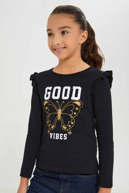Redtag-Girls-Black---Ls-Ruffle-Shoulder-Tee-Category:T-Shirts,-Colour:Black,-Deals:New-In,-Dept:Girls,-Filter:Girls-(2-to-8-Yrs),-GIR-T-Shirts,-New-In-GIR-APL,-Non-Sale,-Section:Girls-(0-to-14Yrs),-TBL,-W22B-Girls-2 to 8 Years