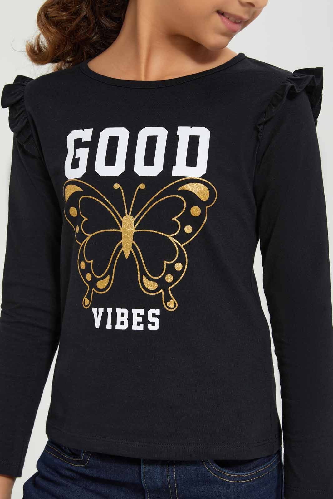 Redtag-Girls-Black---Ls-Ruffle-Shoulder-Tee-Category:T-Shirts,-Colour:Black,-Deals:New-In,-Dept:Girls,-Filter:Girls-(2-to-8-Yrs),-GIR-T-Shirts,-New-In-GIR-APL,-Non-Sale,-Section:Girls-(0-to-14Yrs),-TBL,-W22B-Girls-2 to 8 Years
