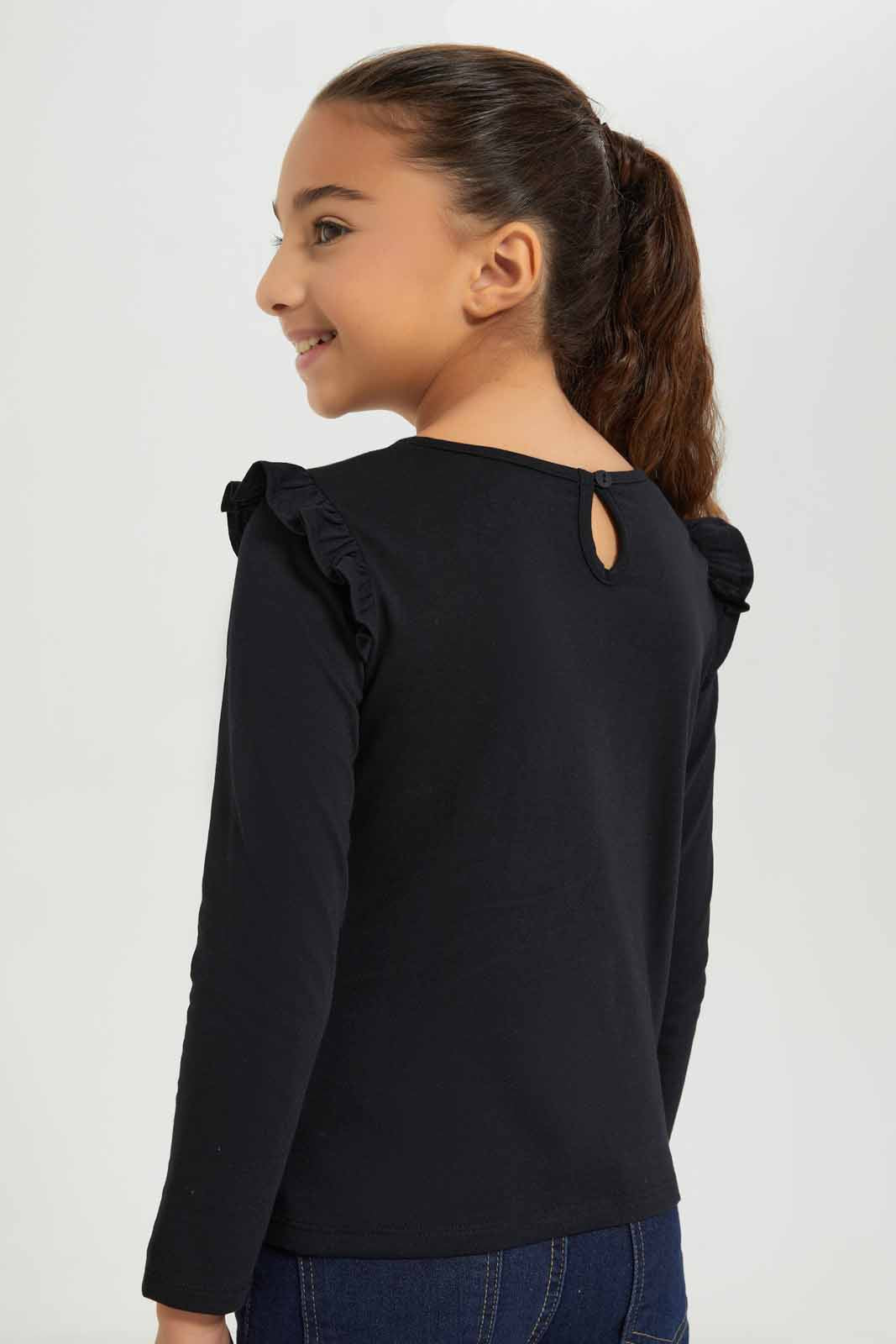 Redtag-Girls-Black---Ls-Ruffle-Shoulder-Tee-Category:T-Shirts,-Colour:Black,-Deals:New-In,-Dept:Girls,-Filter:Girls-(2-to-8-Yrs),-GIR-T-Shirts,-New-In-GIR-APL,-Non-Sale,-Section:Girls-(0-to-14Yrs),-TBL,-W22B-Girls-2 to 8 Years