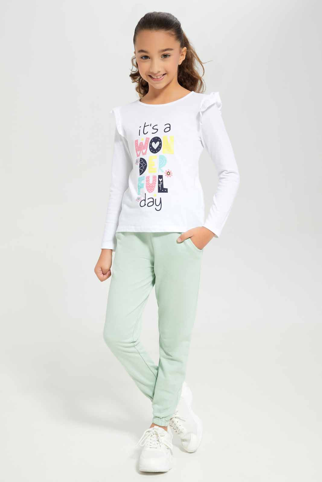 Redtag-Girls-White-Ls-Ruffle-Shoulder-Tee-Category:T-Shirts,-Colour:White,-Deals:New-In,-Dept:Girls,-Filter:Girls-(2-to-8-Yrs),-GIR-T-Shirts,-New-In-GIR-APL,-Non-Sale,-Section:Girls-(0-to-14Yrs),-TBL,-W22B-Girls-2 to 8 Years