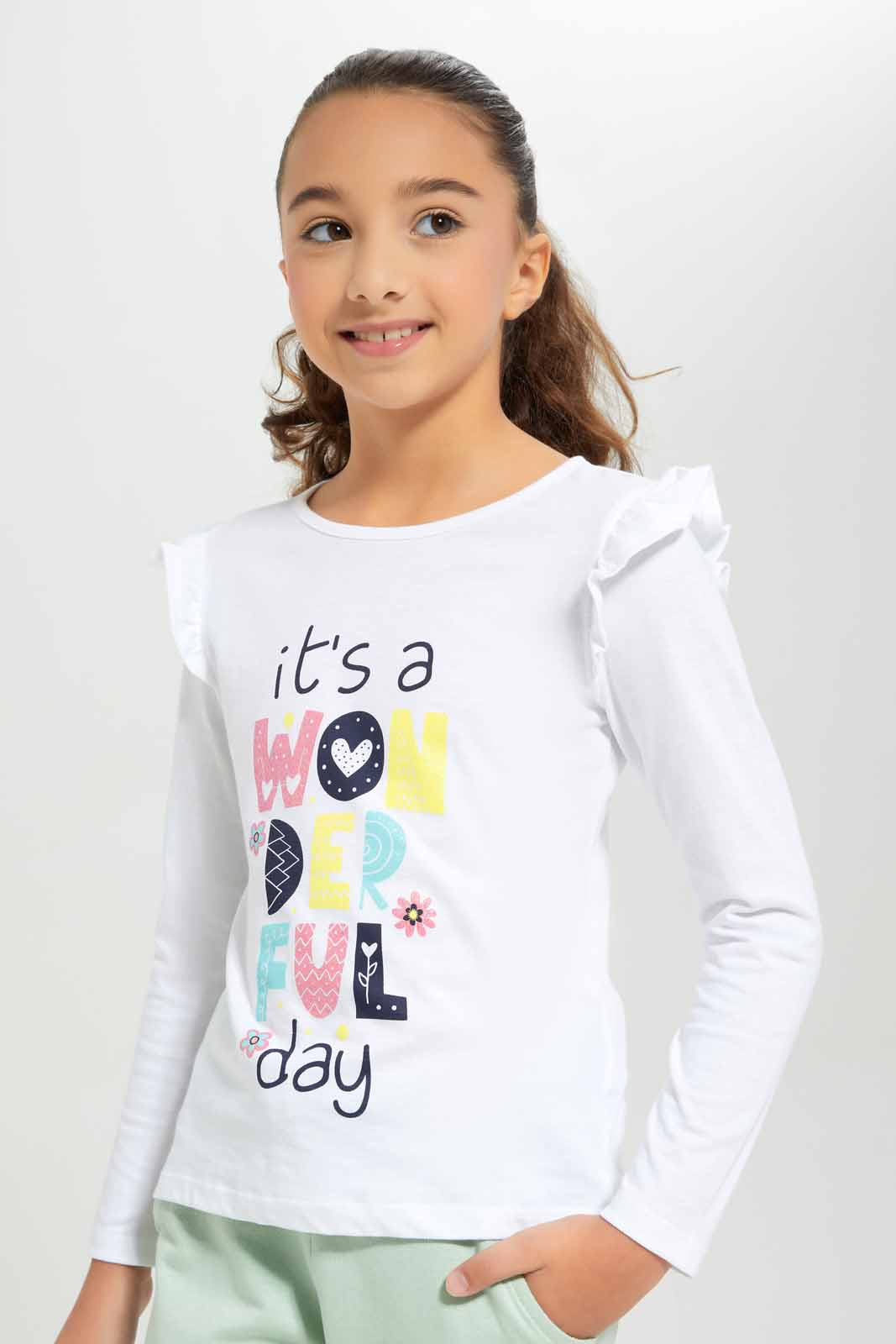 Redtag-Girls-White-Ls-Ruffle-Shoulder-Tee-Category:T-Shirts,-Colour:White,-Deals:New-In,-Dept:Girls,-Filter:Girls-(2-to-8-Yrs),-GIR-T-Shirts,-New-In-GIR-APL,-Non-Sale,-Section:Girls-(0-to-14Yrs),-TBL,-W22B-Girls-2 to 8 Years