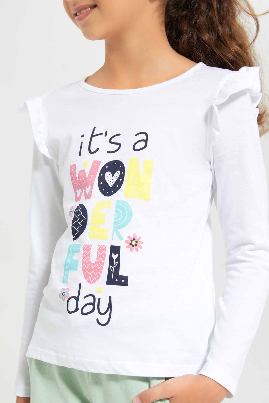 Redtag-Girls-White-Ls-Ruffle-Shoulder-Tee-Category:T-Shirts,-Colour:White,-Deals:New-In,-Dept:Girls,-Filter:Girls-(2-to-8-Yrs),-GIR-T-Shirts,-New-In-GIR-APL,-Non-Sale,-Section:Girls-(0-to-14Yrs),-TBL,-W22B-Girls-2 to 8 Years