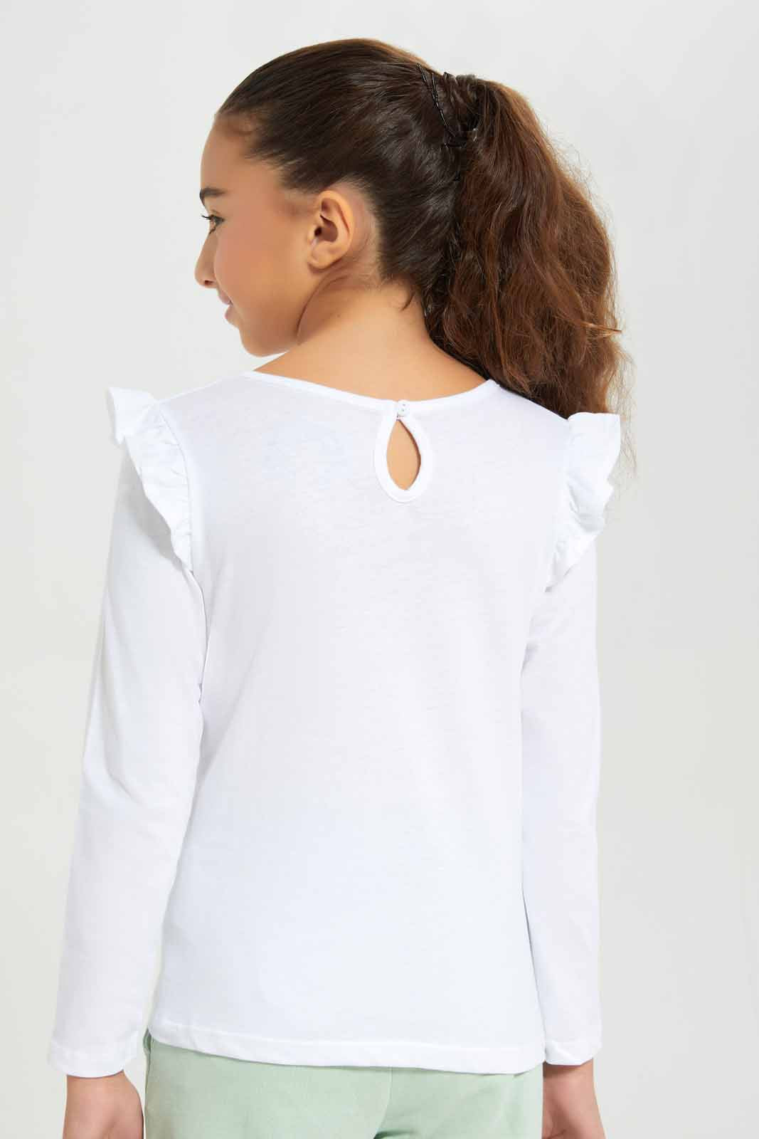 Redtag-Girls-White-Ls-Ruffle-Shoulder-Tee-Category:T-Shirts,-Colour:White,-Deals:New-In,-Dept:Girls,-Filter:Girls-(2-to-8-Yrs),-GIR-T-Shirts,-New-In-GIR-APL,-Non-Sale,-Section:Girls-(0-to-14Yrs),-TBL,-W22B-Girls-2 to 8 Years