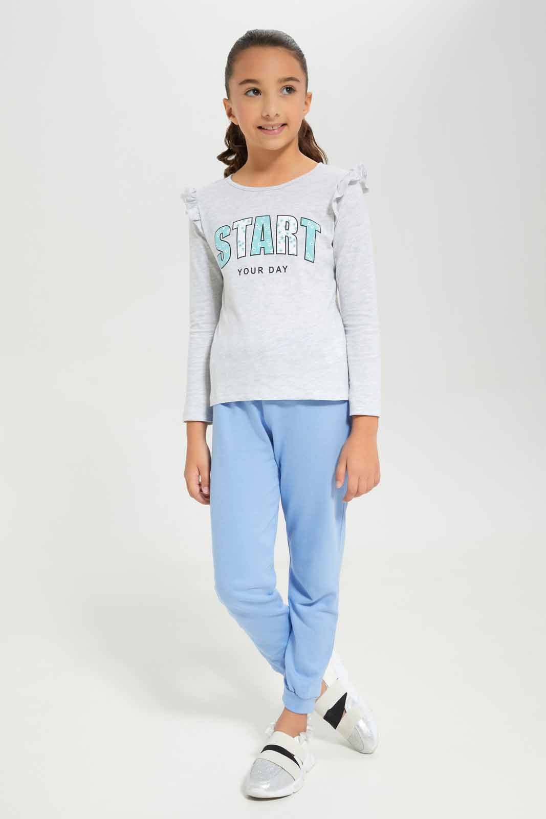 Redtag-Girls-Grey-Melange---Ls-Ruffle-Shoulder-Tee-Category:T-Shirts,-Colour:Grey,-Deals:New-In,-Dept:Girls,-Filter:Girls-(2-to-8-Yrs),-GIR-T-Shirts,-New-In-GIR-APL,-Non-Sale,-Section:Girls-(0-to-14Yrs),-TBL,-W22B-Girls-2 to 8 Years