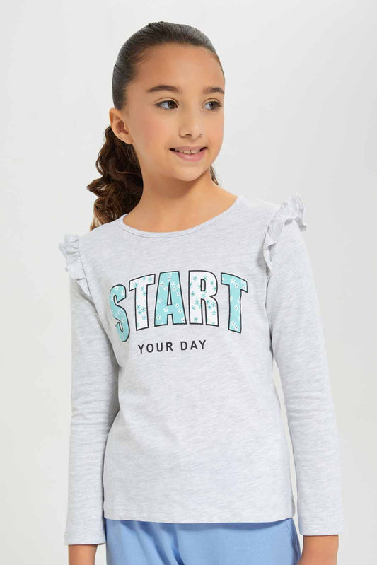 Redtag-Girls-Grey-Melange---Ls-Ruffle-Shoulder-Tee-Category:T-Shirts,-Colour:Grey,-Deals:New-In,-Dept:Girls,-Filter:Girls-(2-to-8-Yrs),-GIR-T-Shirts,-New-In-GIR-APL,-Non-Sale,-Section:Girls-(0-to-14Yrs),-TBL,-W22B-Girls-2 to 8 Years