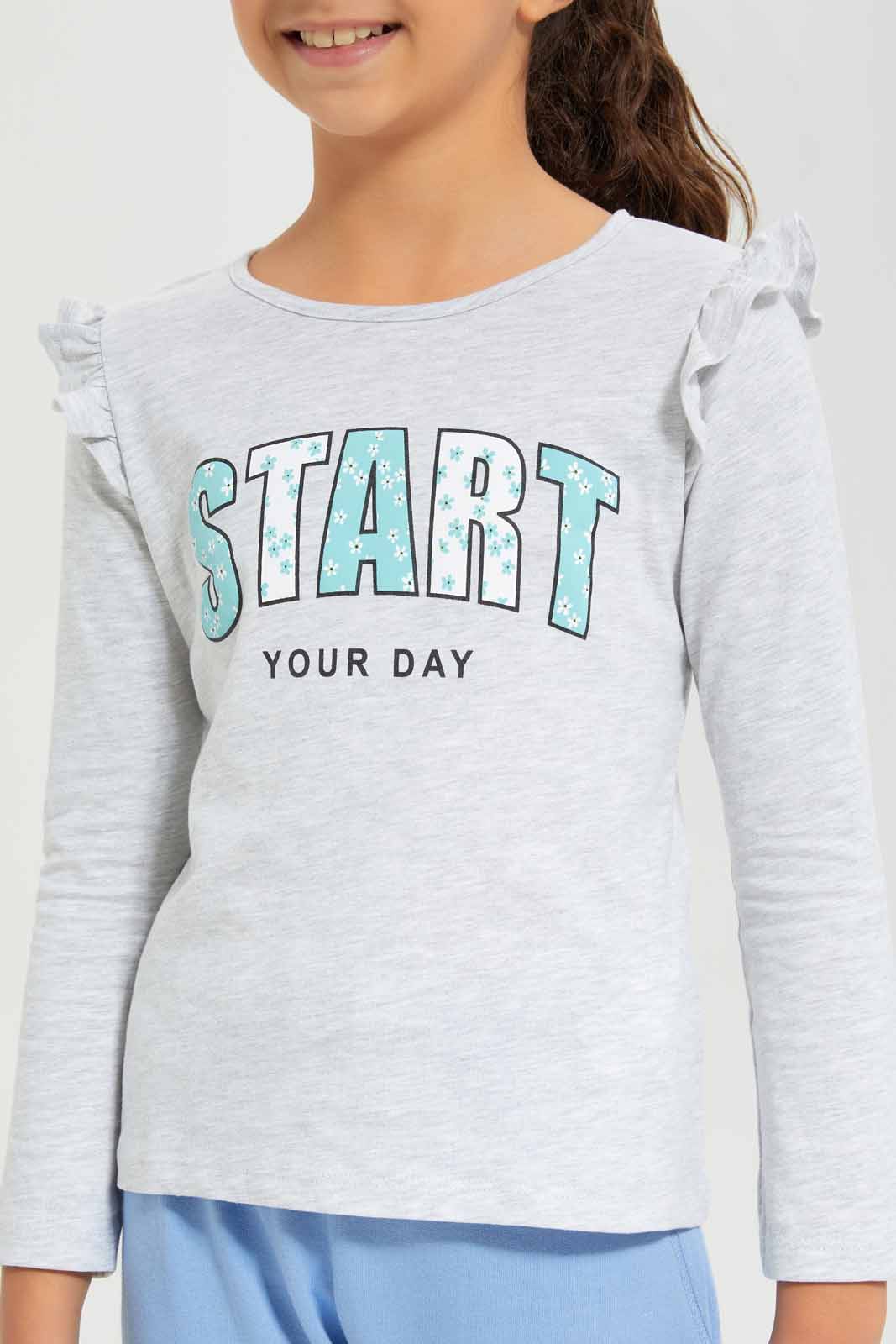 Redtag-Girls-Grey-Melange---Ls-Ruffle-Shoulder-Tee-Category:T-Shirts,-Colour:Grey,-Deals:New-In,-Dept:Girls,-Filter:Girls-(2-to-8-Yrs),-GIR-T-Shirts,-New-In-GIR-APL,-Non-Sale,-Section:Girls-(0-to-14Yrs),-TBL,-W22B-Girls-2 to 8 Years