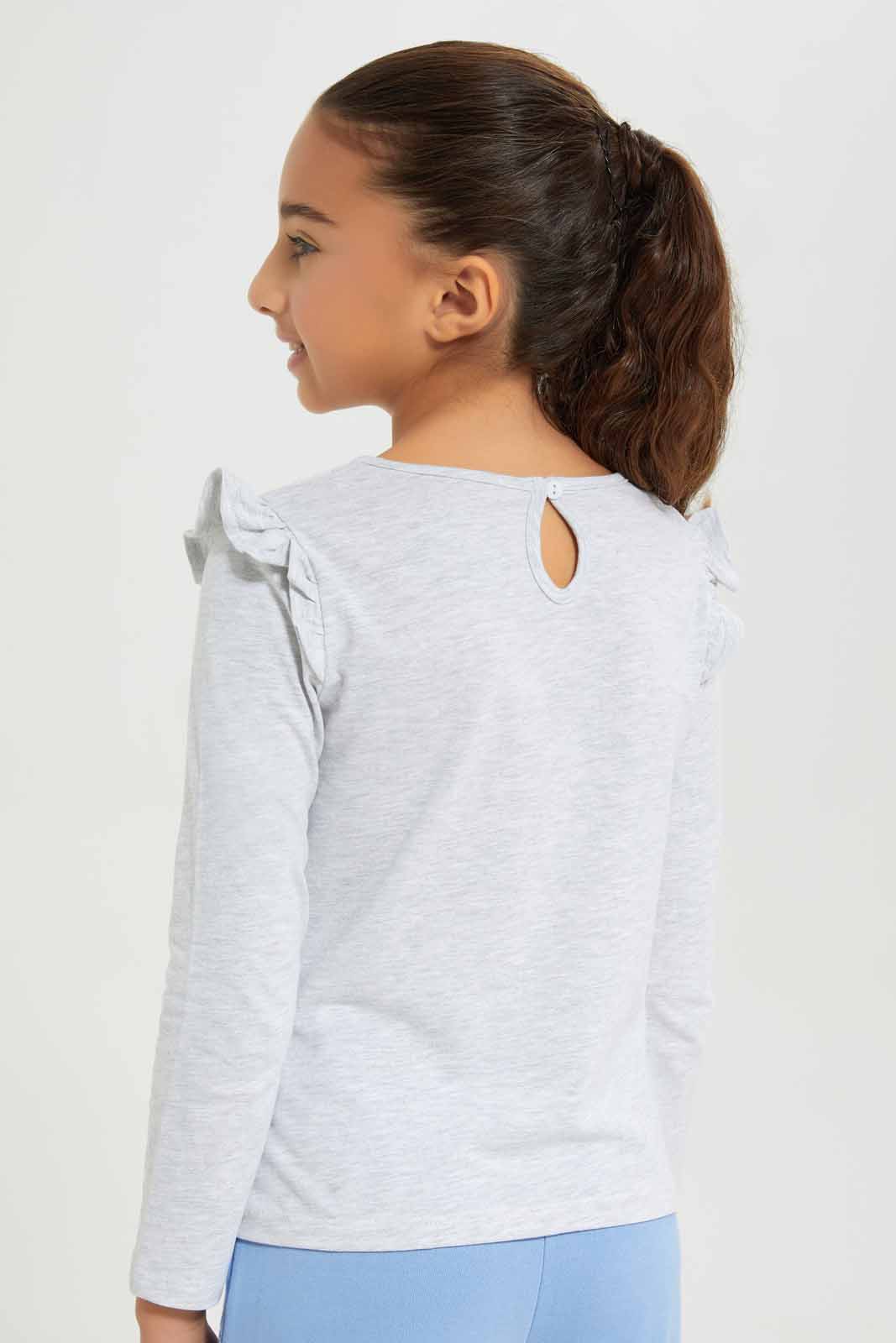 Redtag-Girls-Grey-Melange---Ls-Ruffle-Shoulder-Tee-Category:T-Shirts,-Colour:Grey,-Deals:New-In,-Dept:Girls,-Filter:Girls-(2-to-8-Yrs),-GIR-T-Shirts,-New-In-GIR-APL,-Non-Sale,-Section:Girls-(0-to-14Yrs),-TBL,-W22B-Girls-2 to 8 Years
