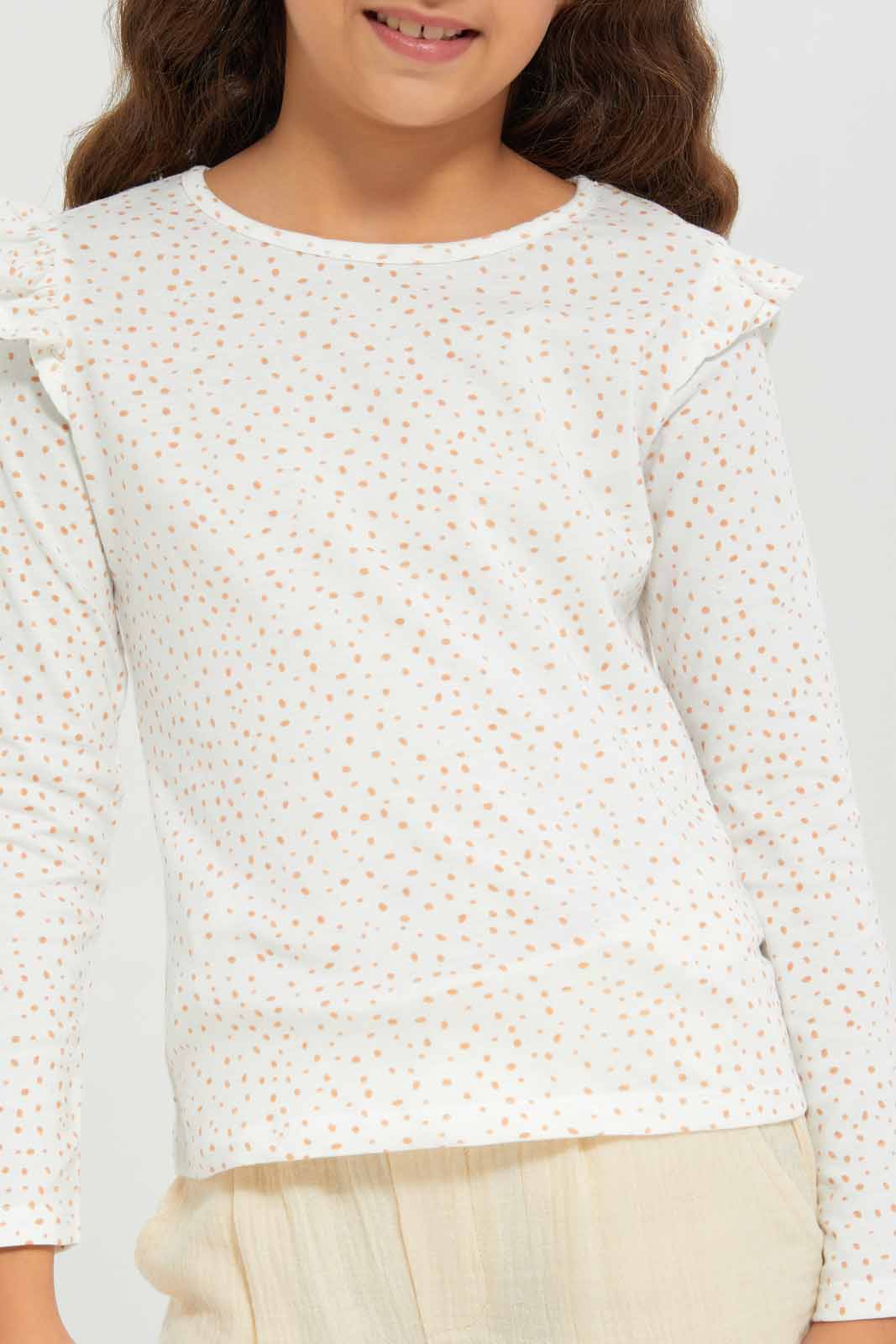 Redtag-Girls-Beige---Ls-Ruffle-Shoulder-Tee-Category:T-Shirts,-Colour:Beige,-Deals:New-In,-Dept:Girls,-Filter:Girls-(2-to-8-Yrs),-GIR-T-Shirts,-New-In-GIR-APL,-Non-Sale,-Section:Girls-(0-to-14Yrs),-TBL,-W22B-Girls-2 to 8 Years