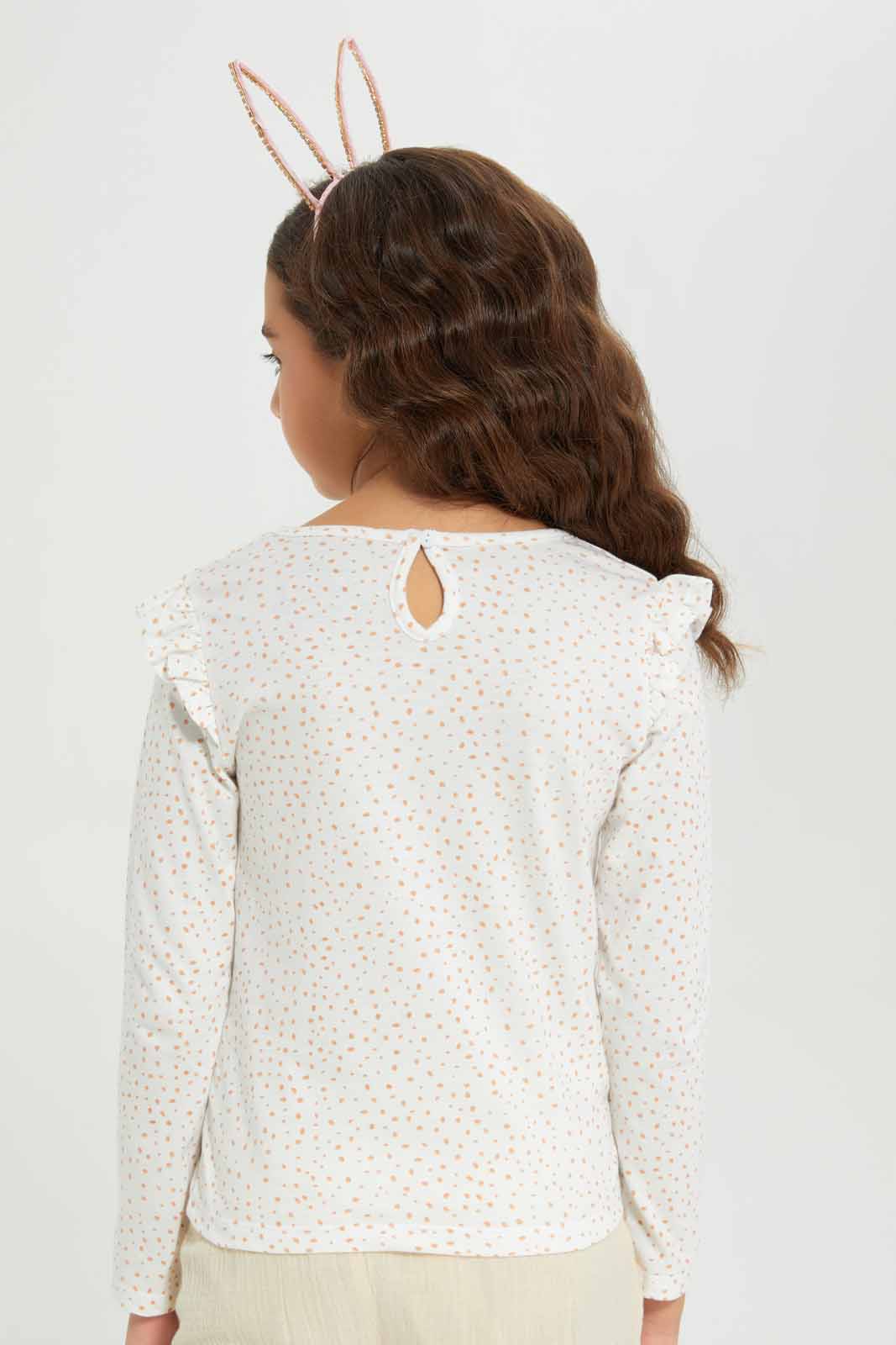 Redtag-Girls-Beige---Ls-Ruffle-Shoulder-Tee-Category:T-Shirts,-Colour:Beige,-Deals:New-In,-Dept:Girls,-Filter:Girls-(2-to-8-Yrs),-GIR-T-Shirts,-New-In-GIR-APL,-Non-Sale,-Section:Girls-(0-to-14Yrs),-TBL,-W22B-Girls-2 to 8 Years