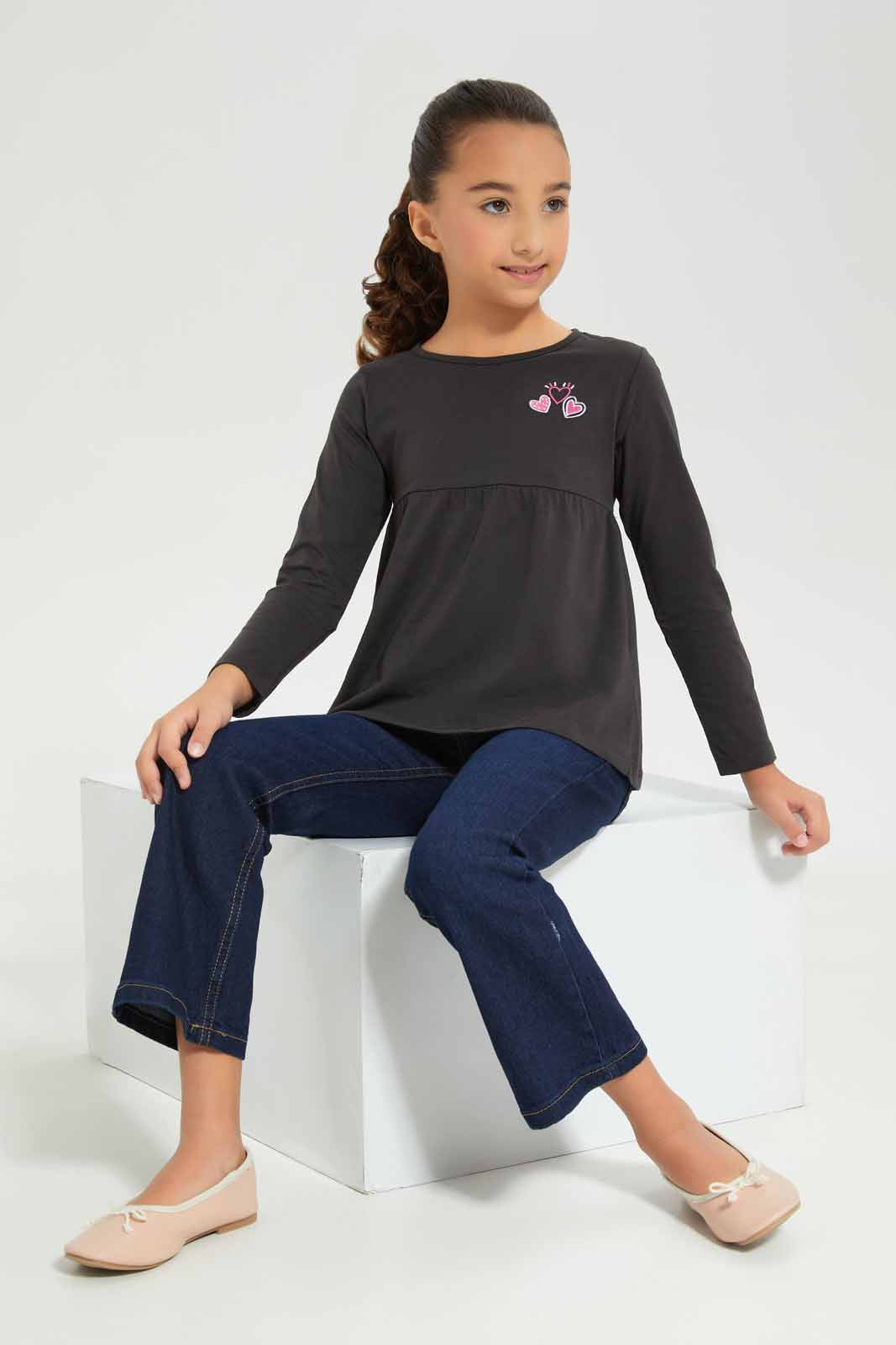 Redtag-Girls-Charcole---Empire-Ls-Tshirt-With-Embroider-Category:T-Shirts,-Colour:Charcoal,-Deals:New-In,-Dept:Girls,-Filter:Girls-(2-to-8-Yrs),-GIR-T-Shirts,-New-In-GIR-APL,-Non-Sale,-Section:Girls-(0-to-14Yrs),-TBL,-W22B-Girls-2 to 8 Years