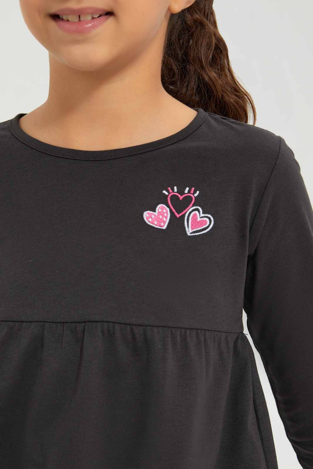 Redtag-Girls-Charcole---Empire-Ls-Tshirt-With-Embroider-Category:T-Shirts,-Colour:Charcoal,-Deals:New-In,-Dept:Girls,-Filter:Girls-(2-to-8-Yrs),-GIR-T-Shirts,-New-In-GIR-APL,-Non-Sale,-Section:Girls-(0-to-14Yrs),-TBL,-W22B-Girls-2 to 8 Years