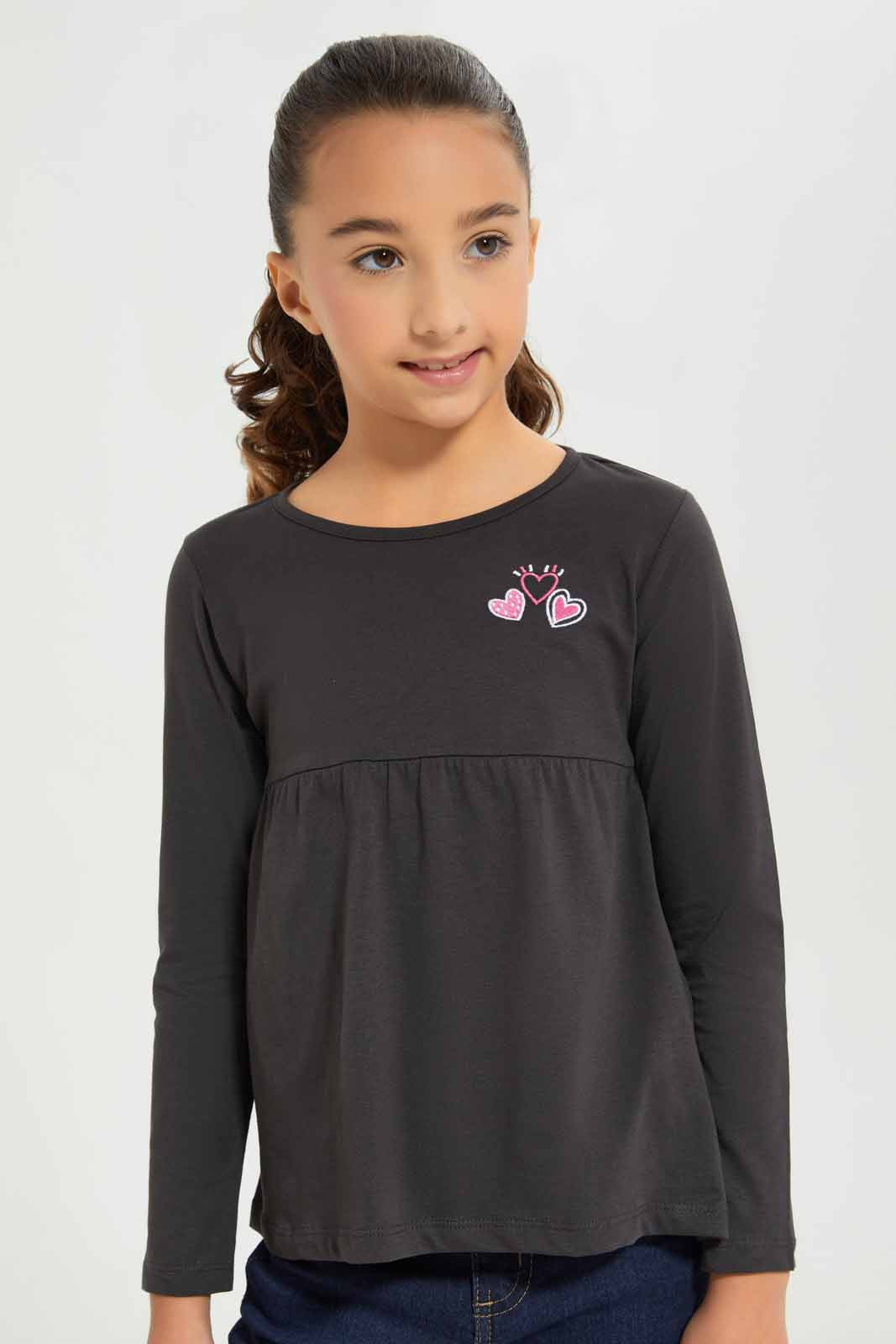 Redtag-Girls-Charcole---Empire-Ls-Tshirt-With-Embroider-Category:T-Shirts,-Colour:Charcoal,-Deals:New-In,-Dept:Girls,-Filter:Girls-(2-to-8-Yrs),-GIR-T-Shirts,-New-In-GIR-APL,-Non-Sale,-Section:Girls-(0-to-14Yrs),-TBL,-W22B-Girls-2 to 8 Years