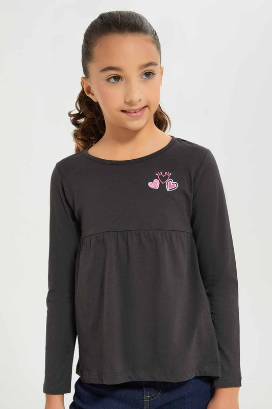 Redtag-Girls-Charcole---Empire-Ls-Tshirt-With-Embroider-Category:T-Shirts,-Colour:Charcoal,-Deals:New-In,-Dept:Girls,-Filter:Girls-(2-to-8-Yrs),-GIR-T-Shirts,-New-In-GIR-APL,-Non-Sale,-Section:Girls-(0-to-14Yrs),-TBL,-W22B-Girls-2 to 8 Years