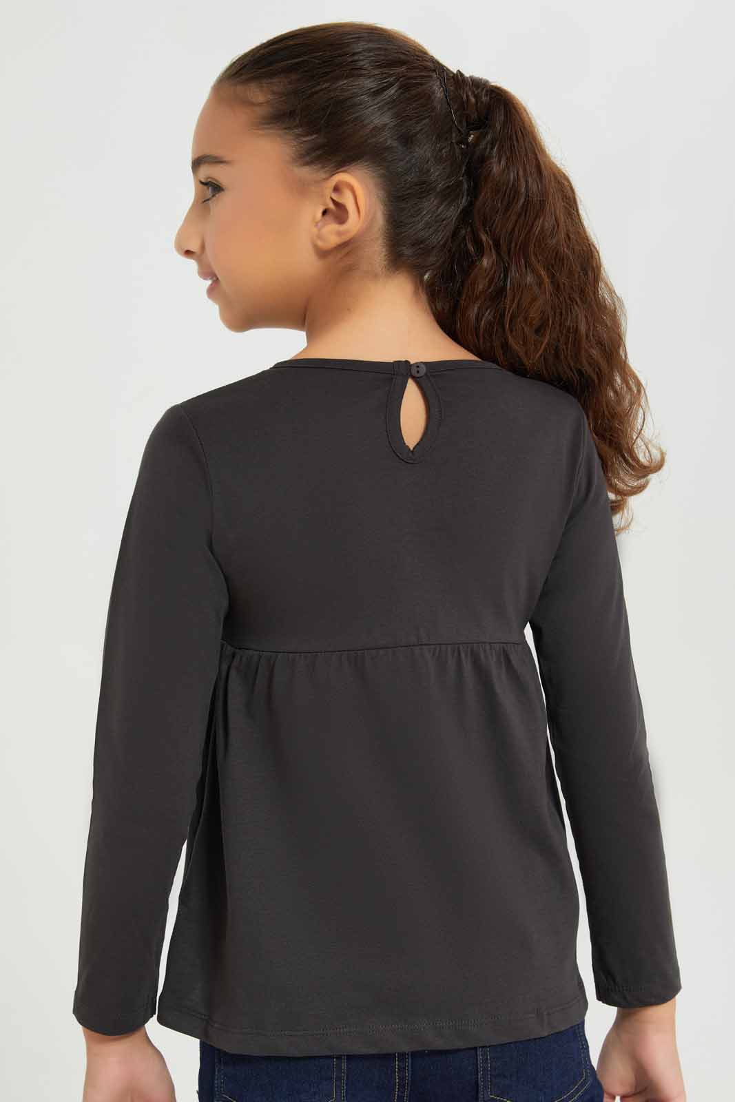 Redtag-Girls-Charcole---Empire-Ls-Tshirt-With-Embroider-Category:T-Shirts,-Colour:Charcoal,-Deals:New-In,-Dept:Girls,-Filter:Girls-(2-to-8-Yrs),-GIR-T-Shirts,-New-In-GIR-APL,-Non-Sale,-Section:Girls-(0-to-14Yrs),-TBL,-W22B-Girls-2 to 8 Years