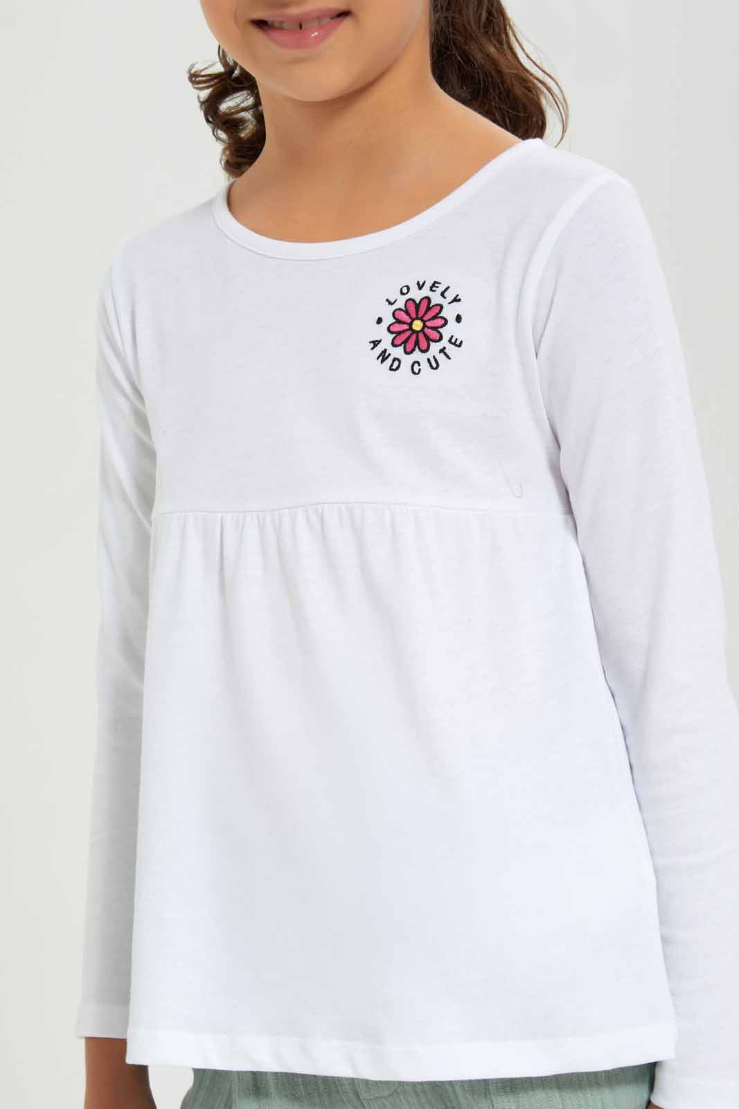 Redtag-Girls-White---Empire-Ls-Tshirt-With-Embroider-Category:T-Shirts,-Colour:White,-Deals:New-In,-Dept:Girls,-Filter:Girls-(2-to-8-Yrs),-GIR-T-Shirts,-New-In-GIR-APL,-Non-Sale,-Section:Girls-(0-to-14Yrs),-TBL,-W22B-Girls-2 to 8 Years