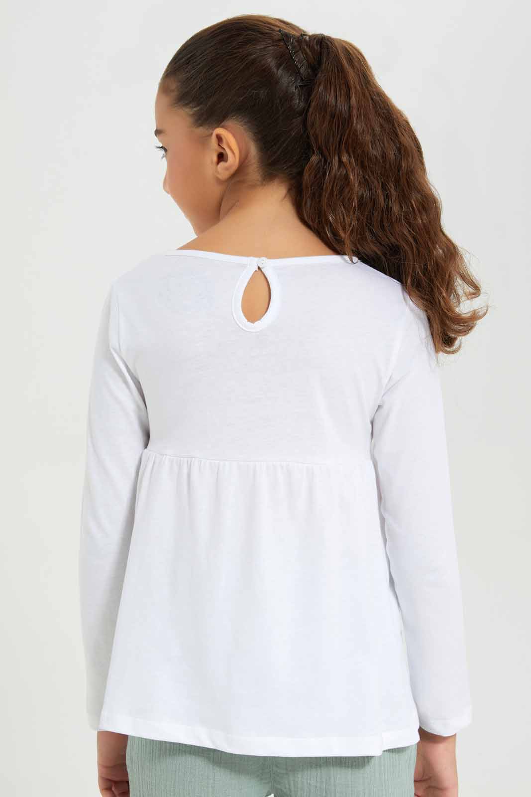 Redtag-Girls-White---Empire-Ls-Tshirt-With-Embroider-Category:T-Shirts,-Colour:White,-Deals:New-In,-Dept:Girls,-Filter:Girls-(2-to-8-Yrs),-GIR-T-Shirts,-New-In-GIR-APL,-Non-Sale,-Section:Girls-(0-to-14Yrs),-TBL,-W22B-Girls-2 to 8 Years