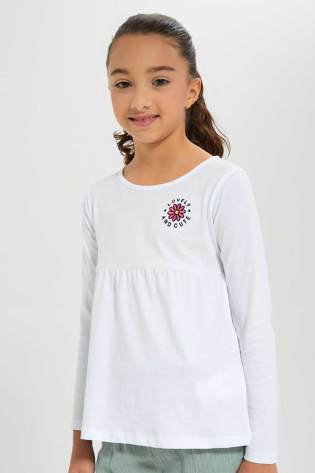 Redtag-Girls-White---Empire-Ls-Tshirt-With-Embroider-Category:T-Shirts,-Colour:White,-Deals:New-In,-Dept:Girls,-Filter:Girls-(2-to-8-Yrs),-GIR-T-Shirts,-New-In-GIR-APL,-Non-Sale,-Section:Girls-(0-to-14Yrs),-TBL,-W22B-Girls-2 to 8 Years