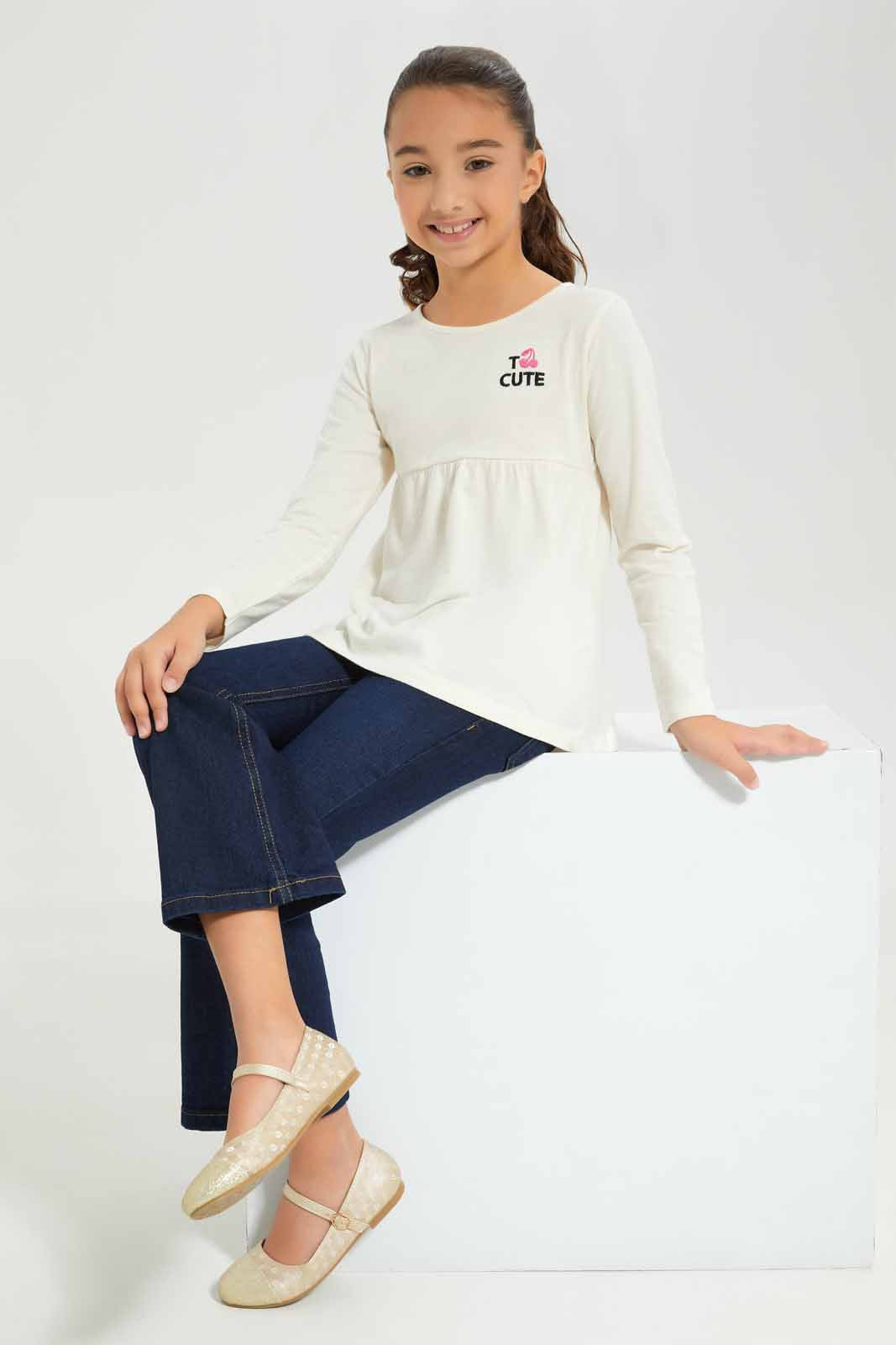 Redtag-Girls-Beige---Empire-Ls-Tshirt-With-Embroider-Category:T-Shirts,-Colour:Beige,-Deals:New-In,-Dept:Girls,-Filter:Girls-(2-to-8-Yrs),-GIR-T-Shirts,-New-In-GIR-APL,-Non-Sale,-Section:Girls-(0-to-14Yrs),-TBL,-W22B-Girls-2 to 8 Years