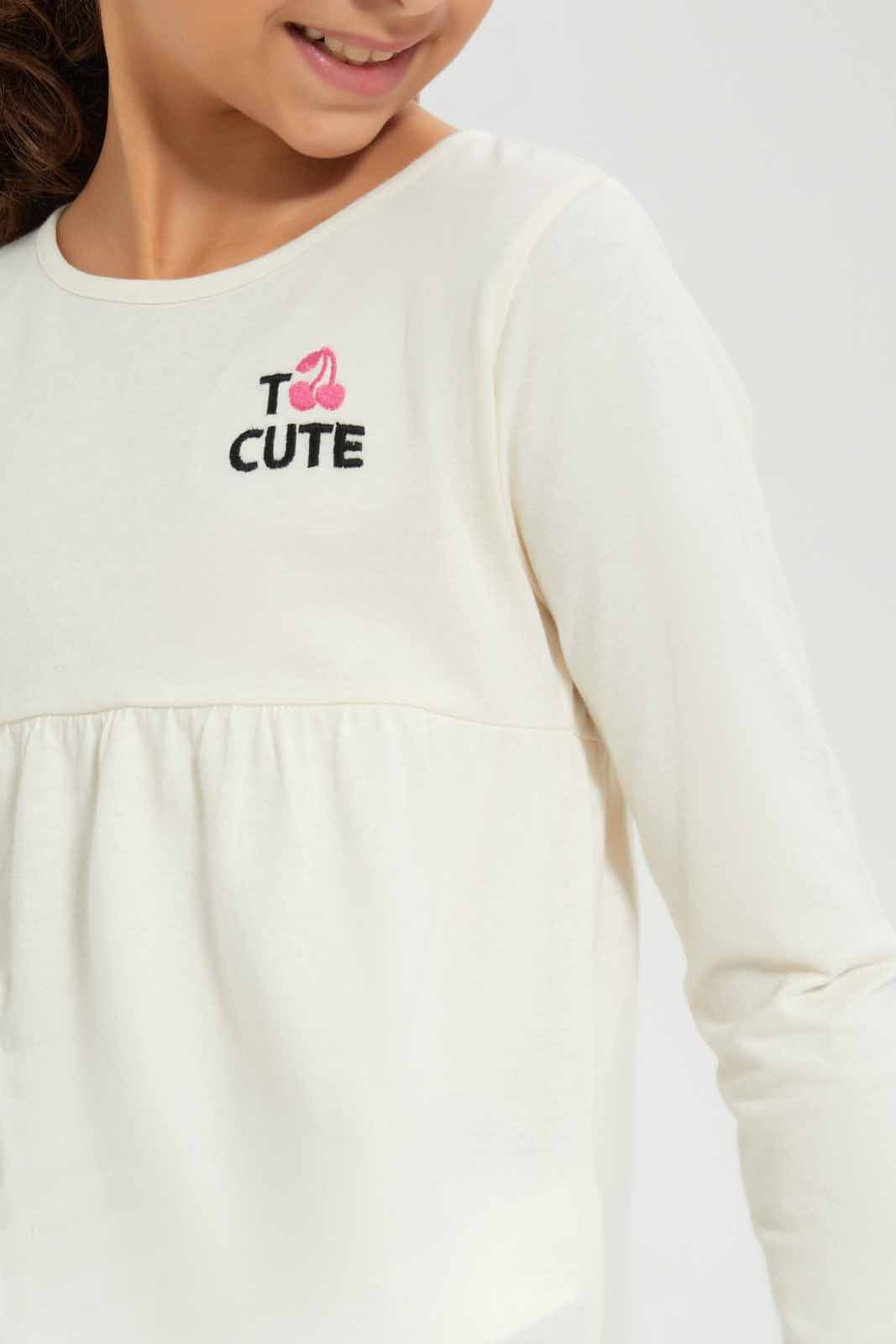Redtag-Girls-Beige---Empire-Ls-Tshirt-With-Embroider-Category:T-Shirts,-Colour:Beige,-Deals:New-In,-Dept:Girls,-Filter:Girls-(2-to-8-Yrs),-GIR-T-Shirts,-New-In-GIR-APL,-Non-Sale,-Section:Girls-(0-to-14Yrs),-TBL,-W22B-Girls-2 to 8 Years