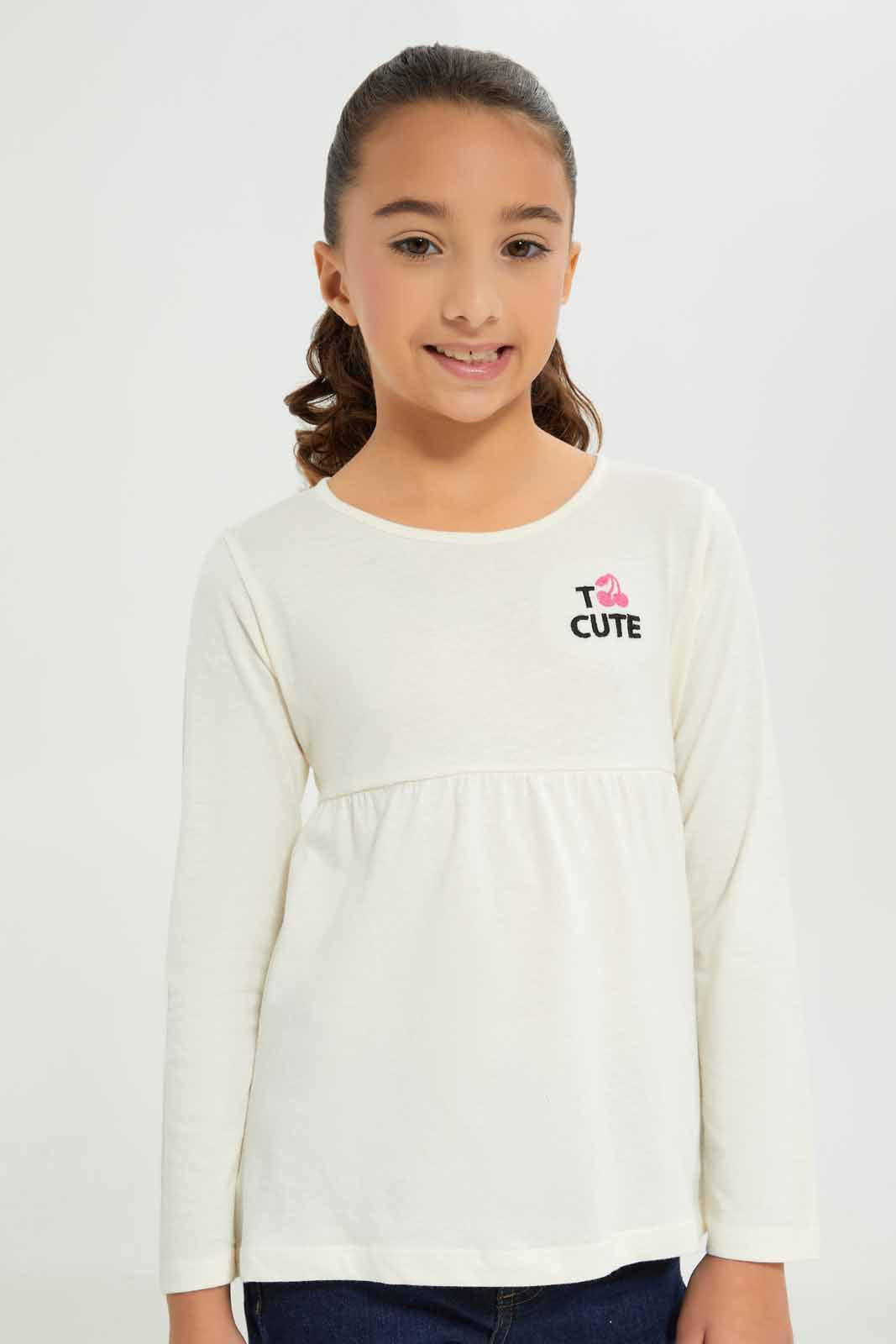 Redtag-Girls-Beige---Empire-Ls-Tshirt-With-Embroider-Category:T-Shirts,-Colour:Beige,-Deals:New-In,-Dept:Girls,-Filter:Girls-(2-to-8-Yrs),-GIR-T-Shirts,-New-In-GIR-APL,-Non-Sale,-Section:Girls-(0-to-14Yrs),-TBL,-W22B-Girls-2 to 8 Years