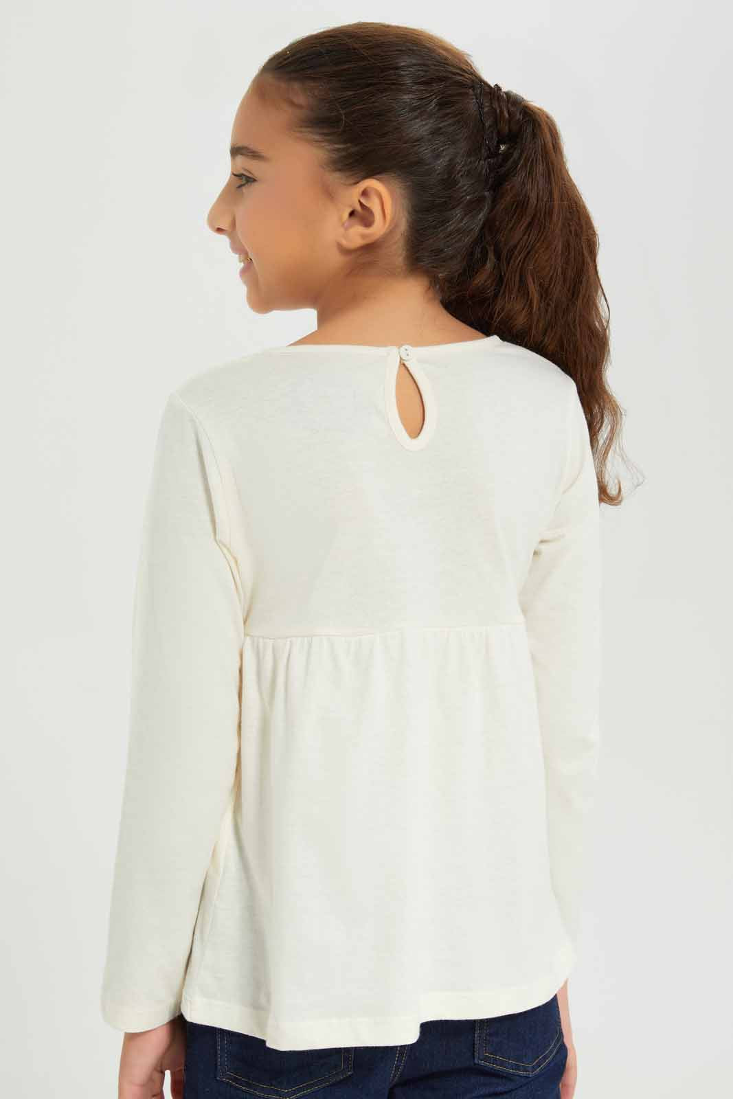 Redtag-Girls-Beige---Empire-Ls-Tshirt-With-Embroider-Category:T-Shirts,-Colour:Beige,-Deals:New-In,-Dept:Girls,-Filter:Girls-(2-to-8-Yrs),-GIR-T-Shirts,-New-In-GIR-APL,-Non-Sale,-Section:Girls-(0-to-14Yrs),-TBL,-W22B-Girls-2 to 8 Years