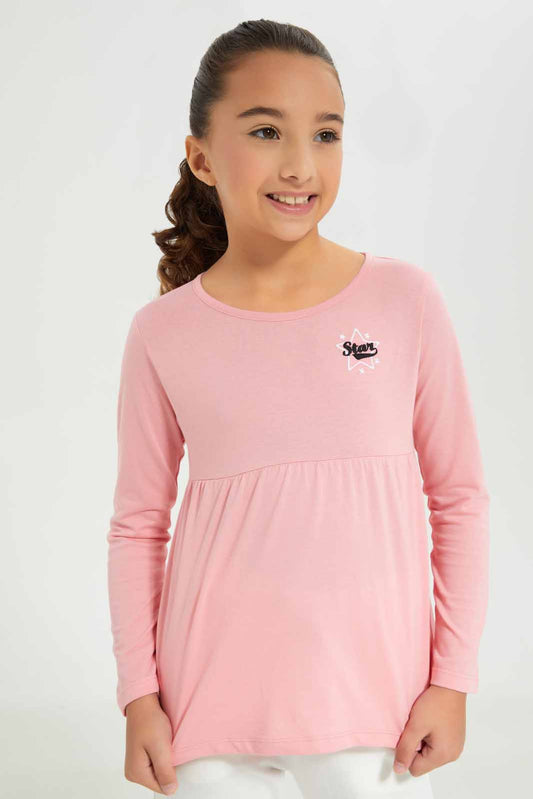Redtag-Girls-Pink---Empire-Ls-Tshirt-With-Embroider-Category:T-Shirts,-Colour:Apricot,-Deals:New-In,-Dept:Girls,-Filter:Girls-(2-to-8-Yrs),-GIR-T-Shirts,-New-In-GIR-APL,-Non-Sale,-Section:Girls-(0-to-14Yrs),-TBL,-W22B-Girls-2 to 8 Years
