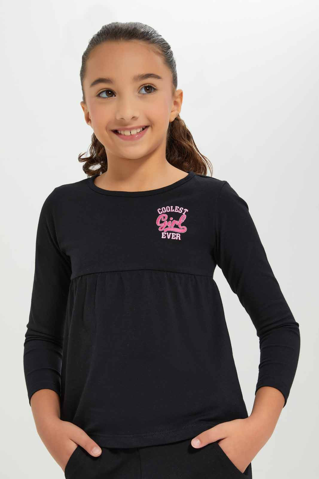 Redtag-Girls-Black---Empire-Ls-Tshirt-With-Embroider-Category:T-Shirts,-Colour:Black,-Deals:New-In,-Dept:Girls,-Filter:Girls-(2-to-8-Yrs),-GIR-T-Shirts,-New-In-GIR-APL,-Non-Sale,-Section:Girls-(0-to-14Yrs),-TBL,-W22B-Girls-2 to 8 Years